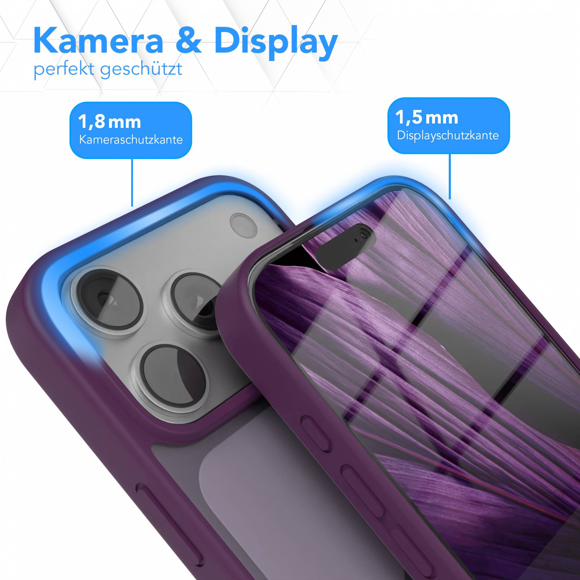 Nahaufnahme einer lila Handyhülle mit blauem Rand, die ein Telefon schützt. Das Display hat ein lila Muster.