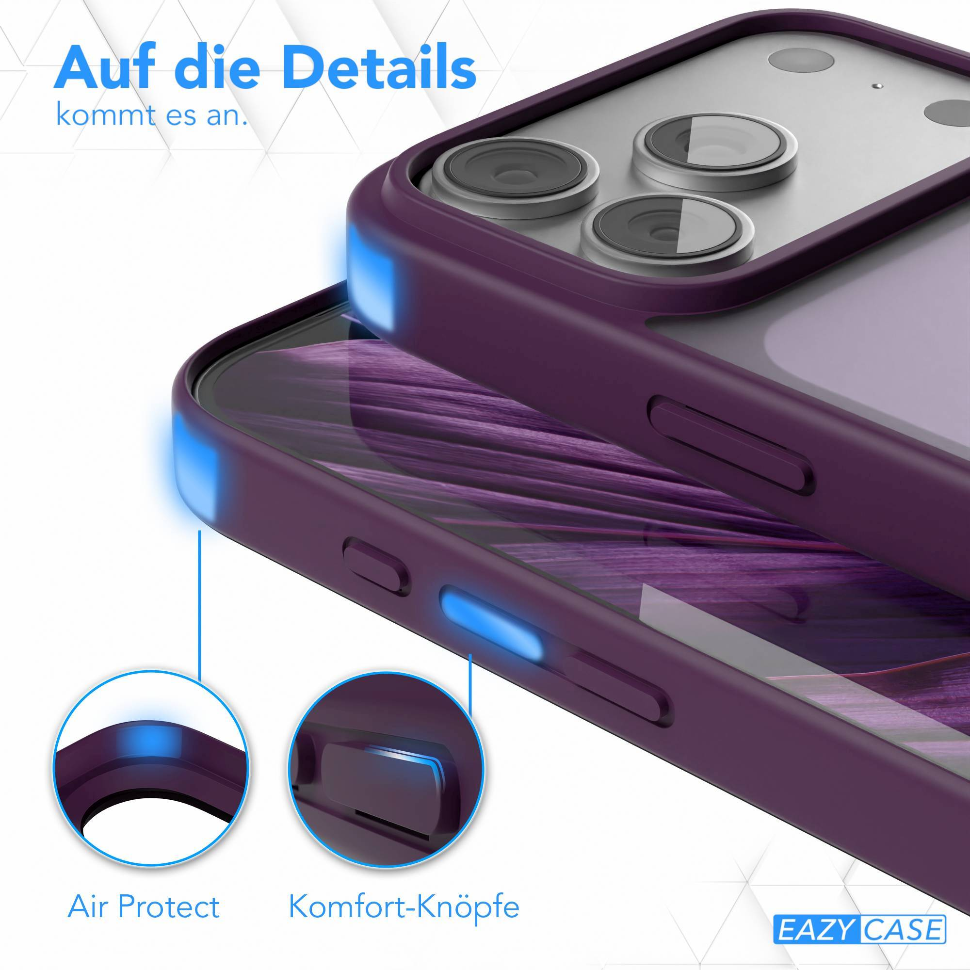 Nahaufnahme einer Handyhülle mit blauen Akzenten, mit deutschem Text. Die Hülle ist lila. Details wie 'Air Protect' sind hervorgehoben.