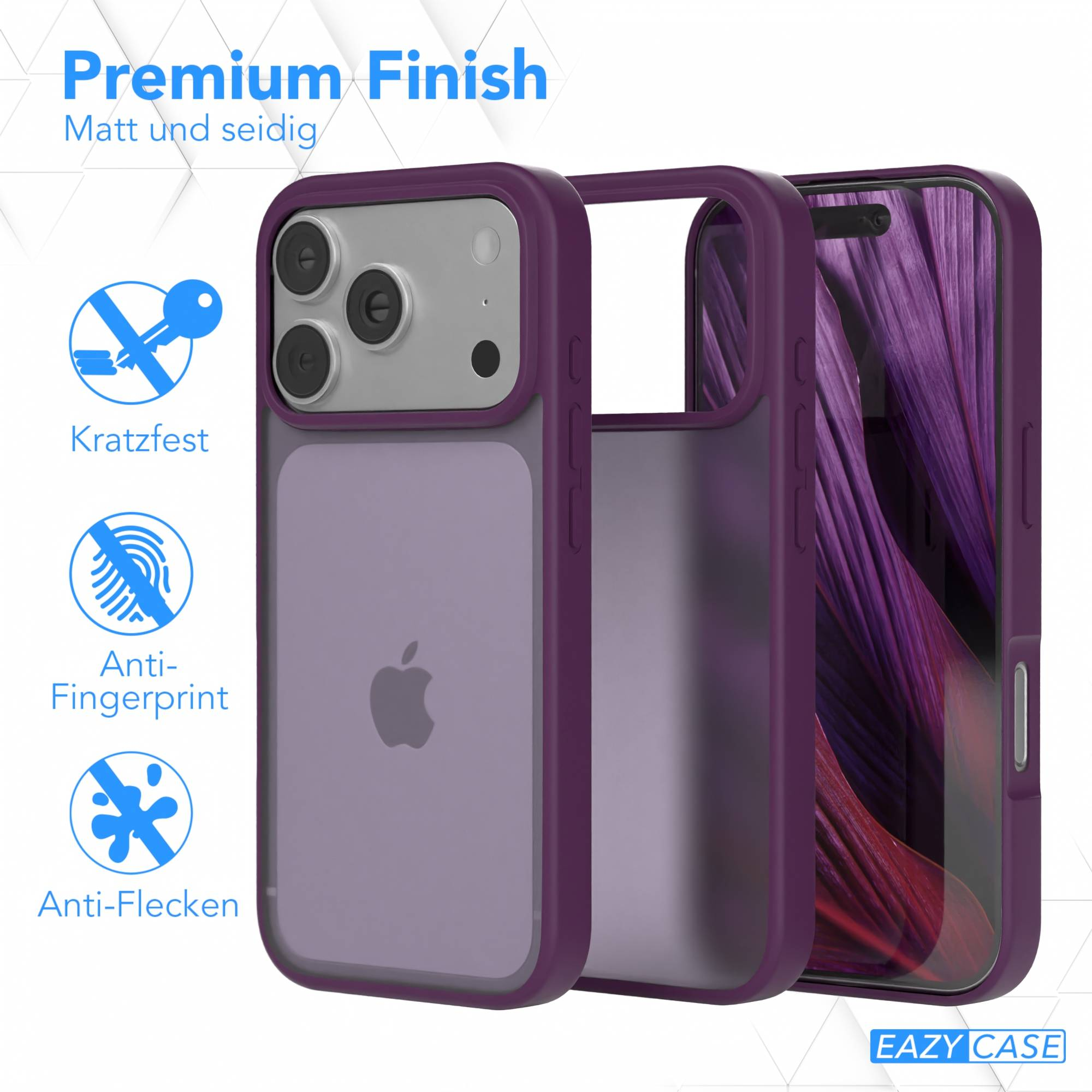 Lila Handyhüllen mit Telefon. Text: 'Premium Finish'. Eigenschaften: kratzfest, Anti-Fingerprint und Anti-Flecken.