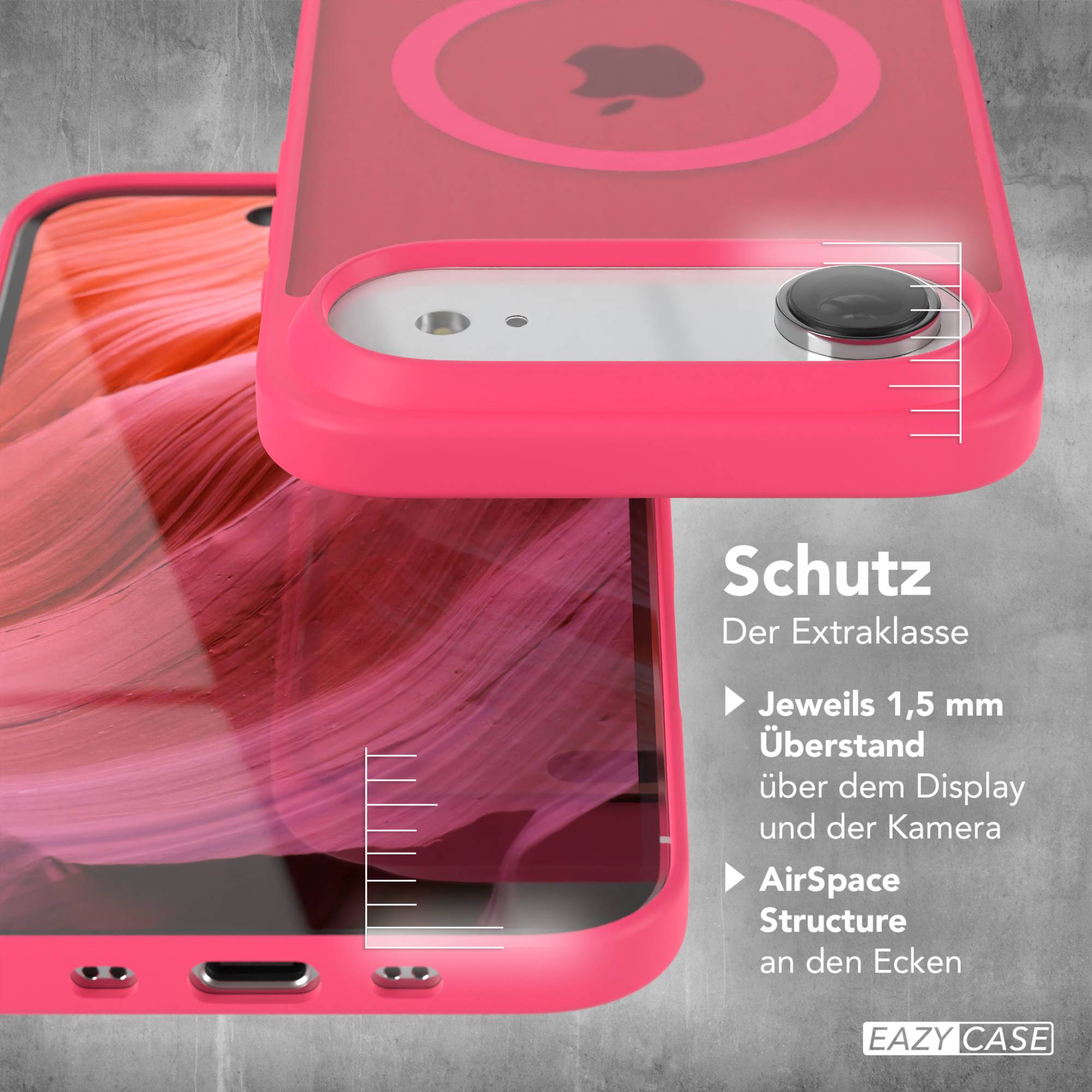 Eine pinke Handyhülle auf grauem Hintergrund. Details zeigen Kameraschutz und das Apple-Logo. Text weist auf zusätzlichen Schutz hin.