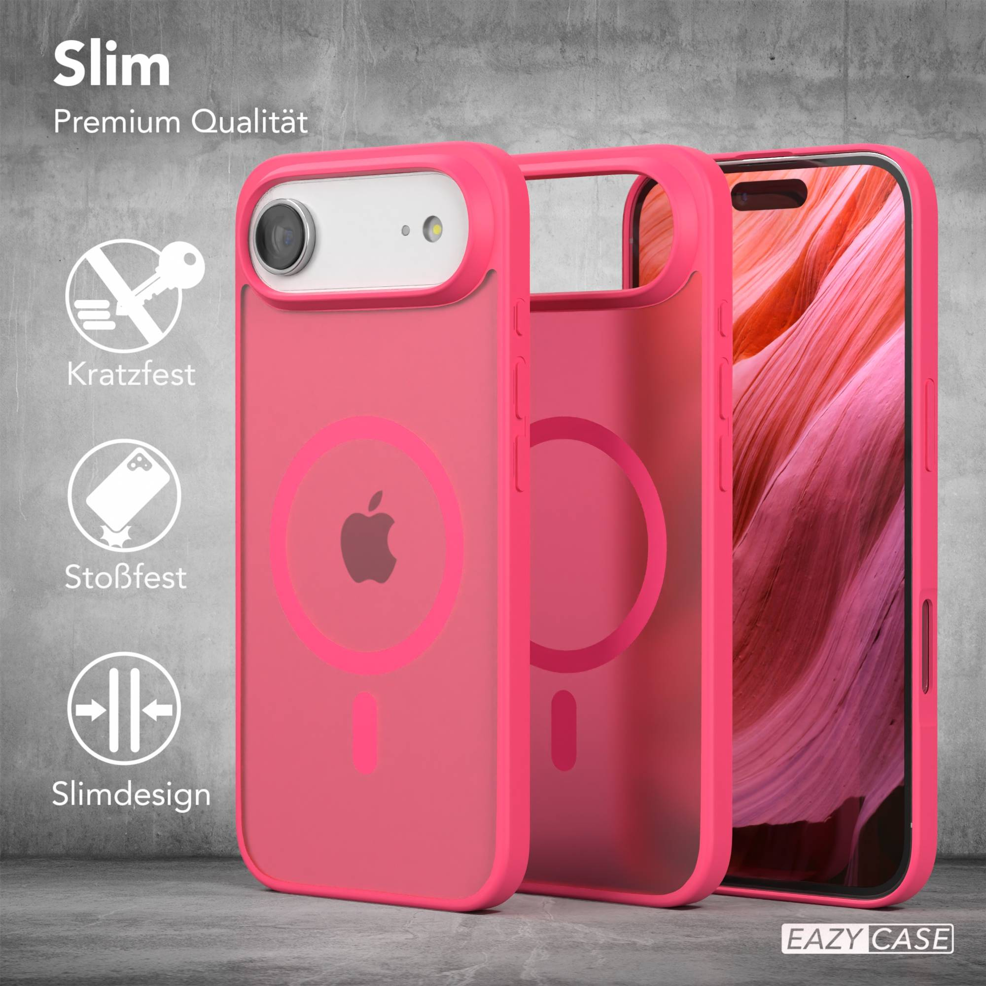 Rosafarbene Handyhüllen, eine mit einem Telefon, vor grauem Hintergrund. Text: Slim, Premium Qualität, EAZY CASE.