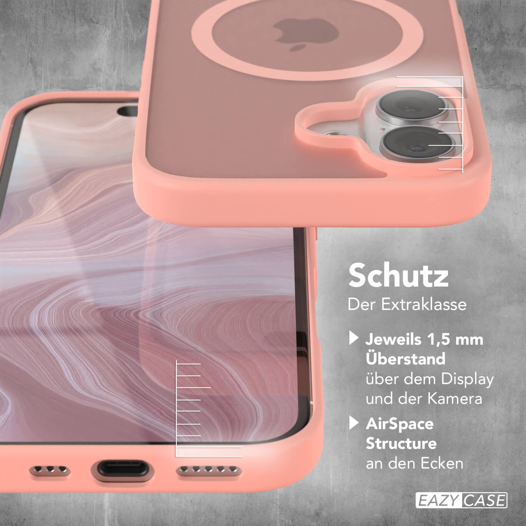 Korallfarbene Handyhülle, teilweise ein Telefon bedeckend. Auf grauem Hintergrund mit Text über Schutz.