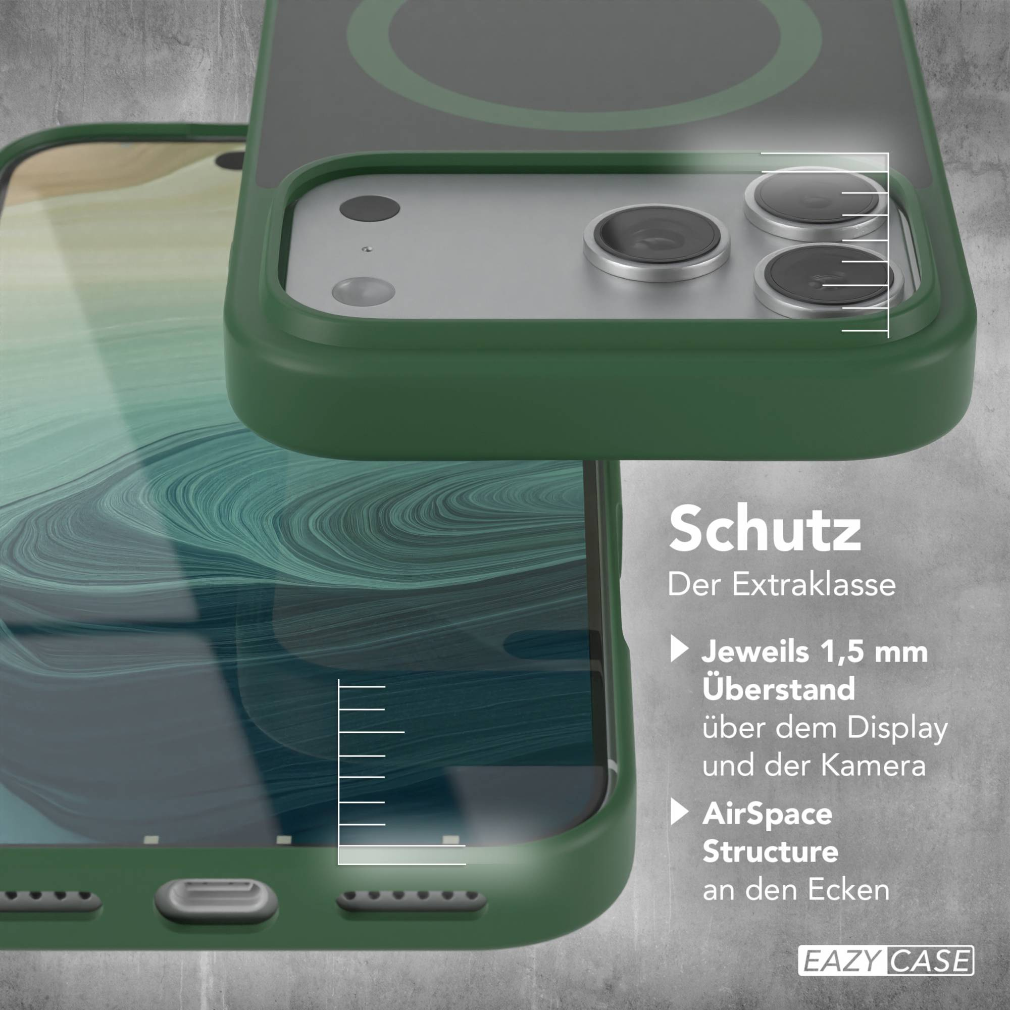 Grüne Handyhülle mit teilweise sichtbarem Telefon. Textdetails zu Schutzfunktionen. Grauer Hintergrund.