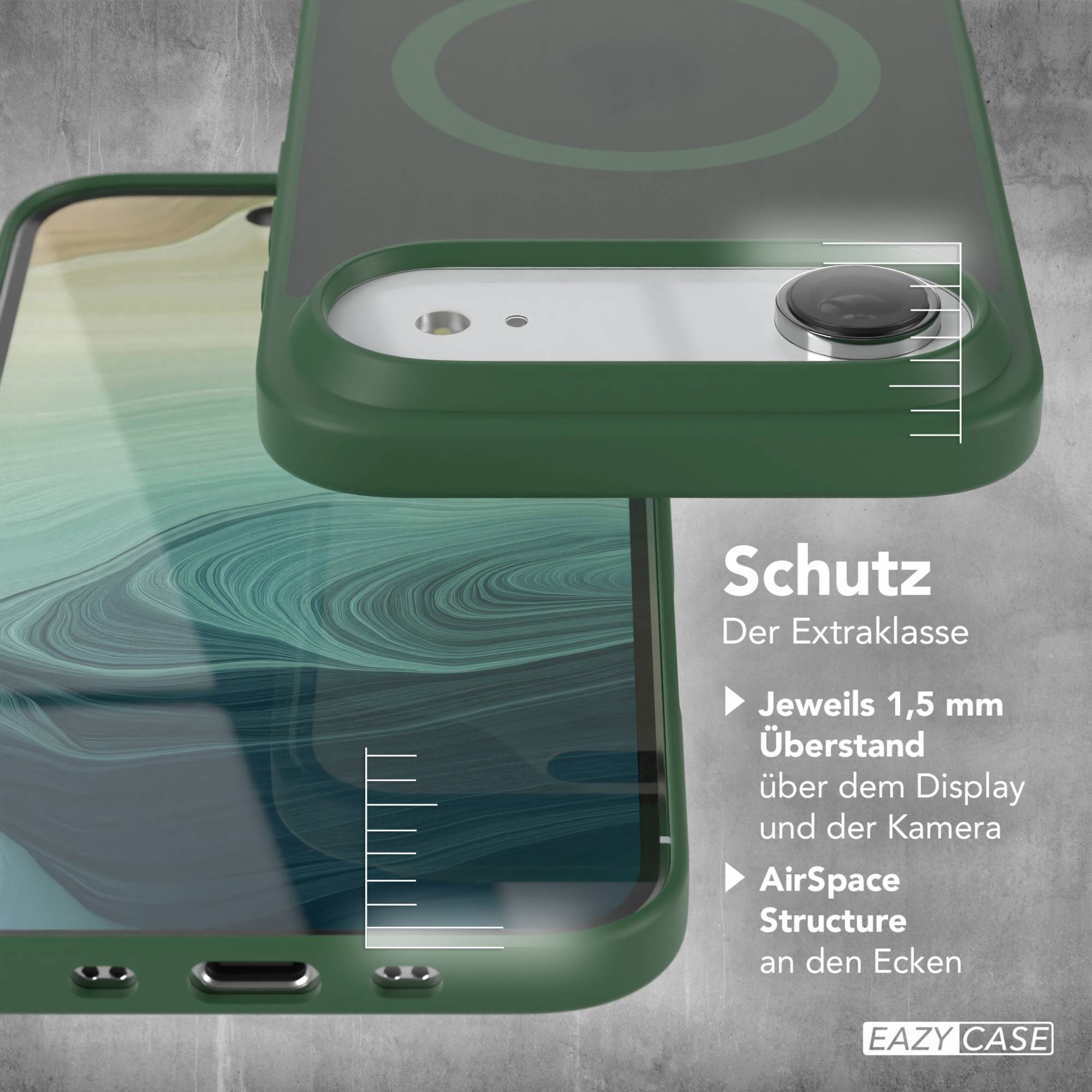 Grüne Handyhülle auf einem Handy. Die Hülle hat einen Kameraausschnitt und Text. Oben ist ein grüner Kreis.