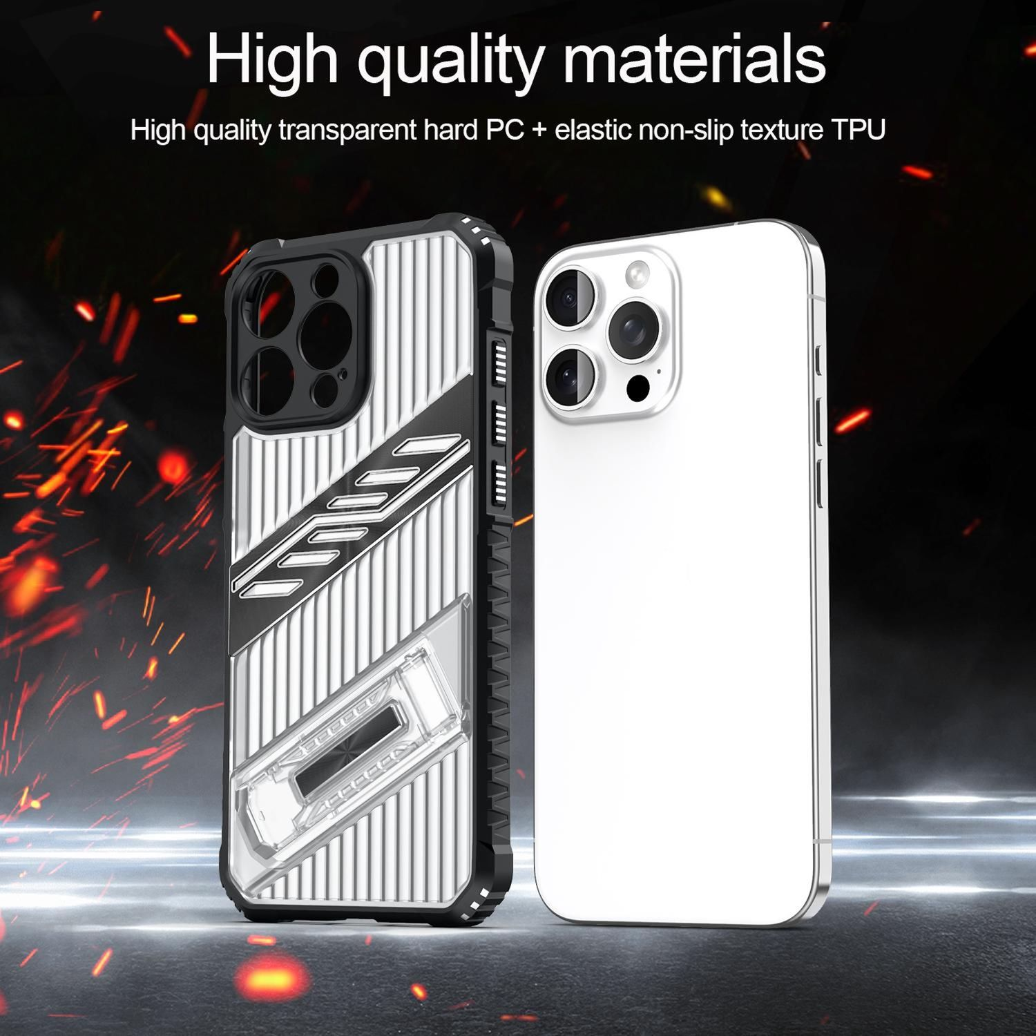 Gezeigt werden eine Handyhülle und ein Handy. Die Hülle ist schwarz und silber, das Handy weiß. Der Hintergrund ist dunkel.