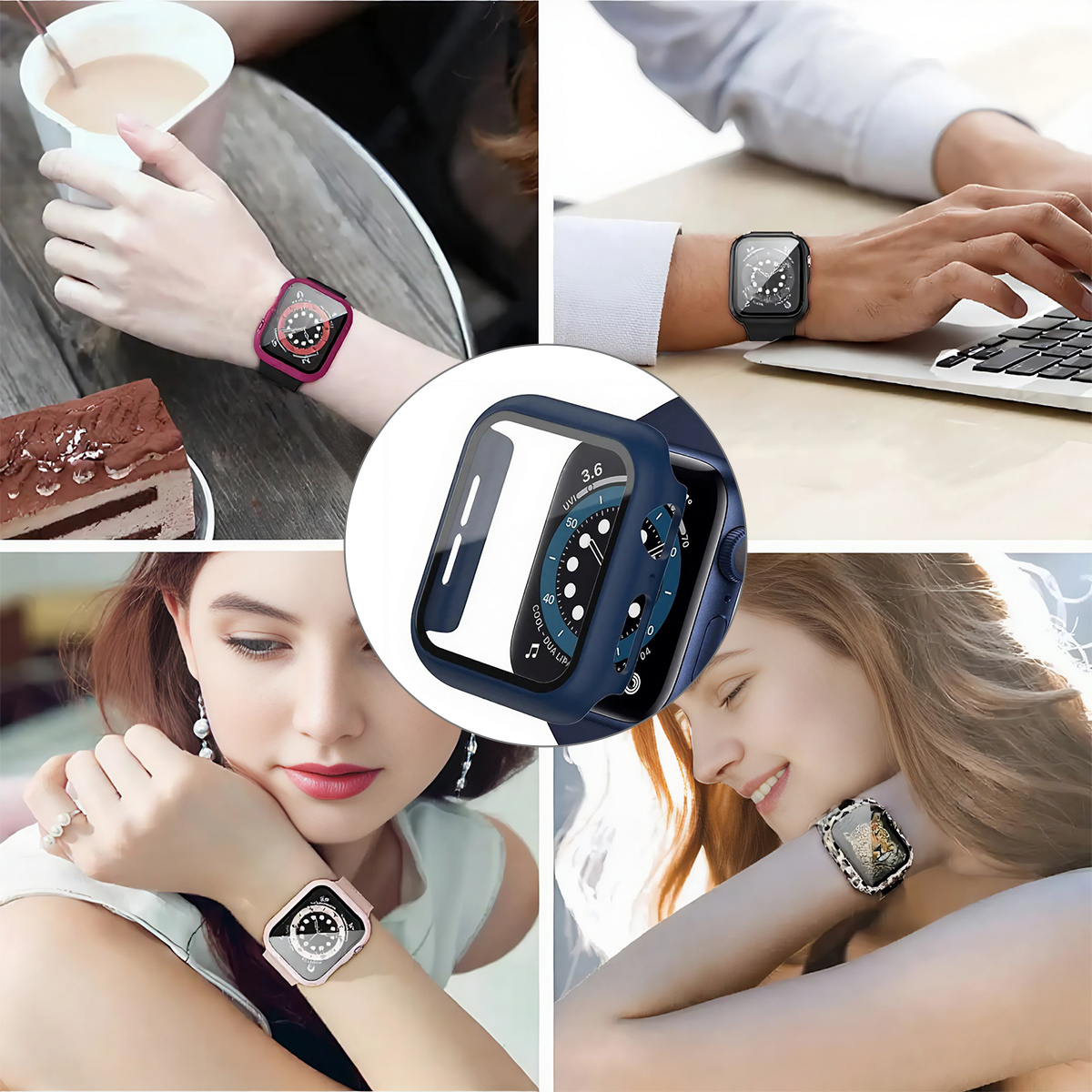 Vier Bilder zeigen Personen, die Smartwatches mit unterschiedlich farbigen Hüllen tragen. Einer tippt auf einem Laptop, andere halten Gegenstände.