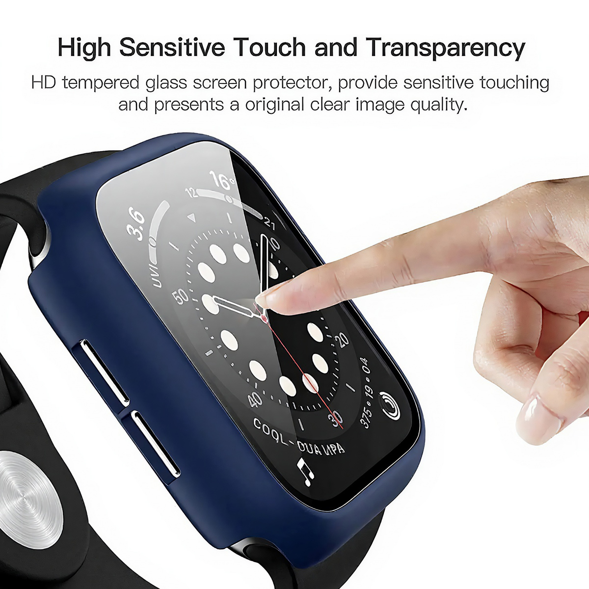 Eine Hand berührt den Bildschirm einer Smartwatch. Die Uhr hat ein blaues Gehäuse. Der Text oben lautet 'High Sensitive Touch and Transparency'.