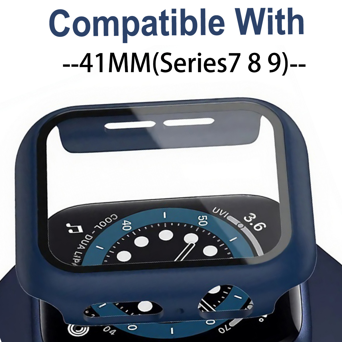 Gezeigt wird eine dunkelblaue Uhrenhülle, die eine Smartwatch schützt. Das Zifferblatt zeigt Zeit und andere Daten an.