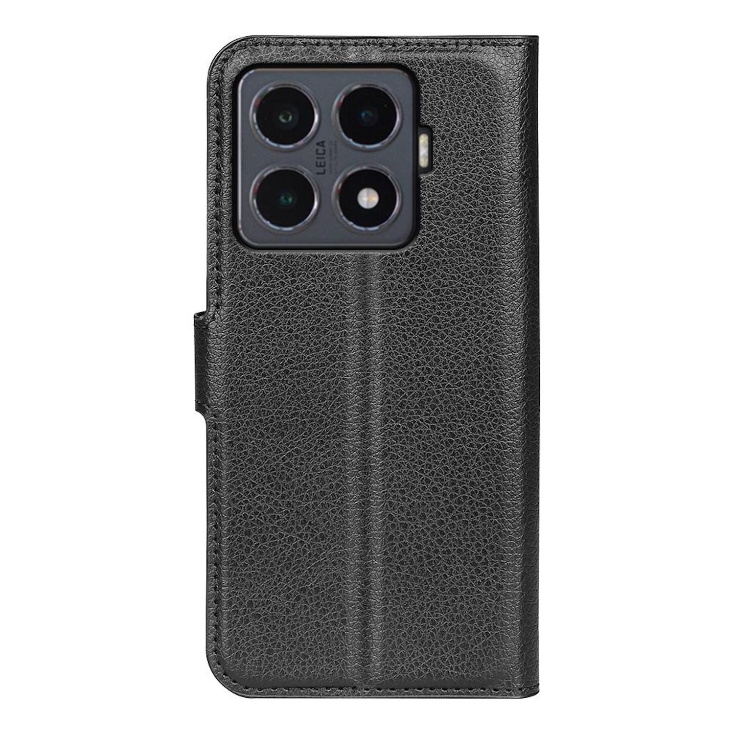 Funda de teléfono de cuero negro con múltiples lentes de cámara y la marca Leica. La funda está cerrada.