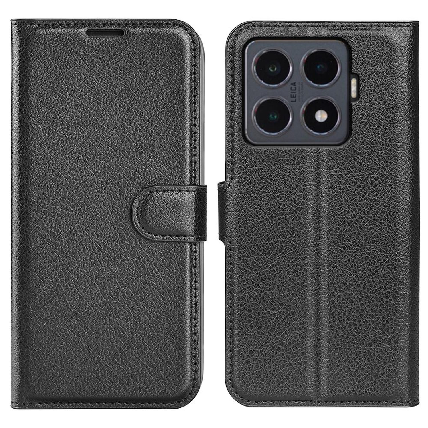 Funda de teléfono de cuero negro, abierta. El lado izquierdo está cerrado, el derecho muestra la cámara. Logotipo de Leica.