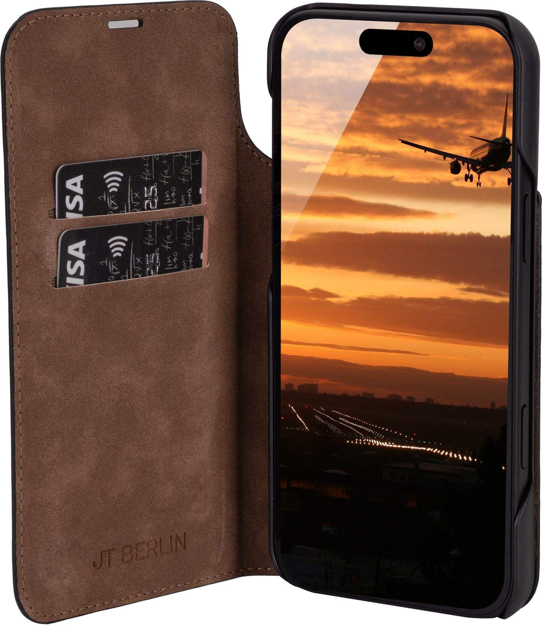 Eine Handyhülle mit einem Telefon, das einen Sonnenuntergang und eine Landung zeigt. Karten sind im Etui.