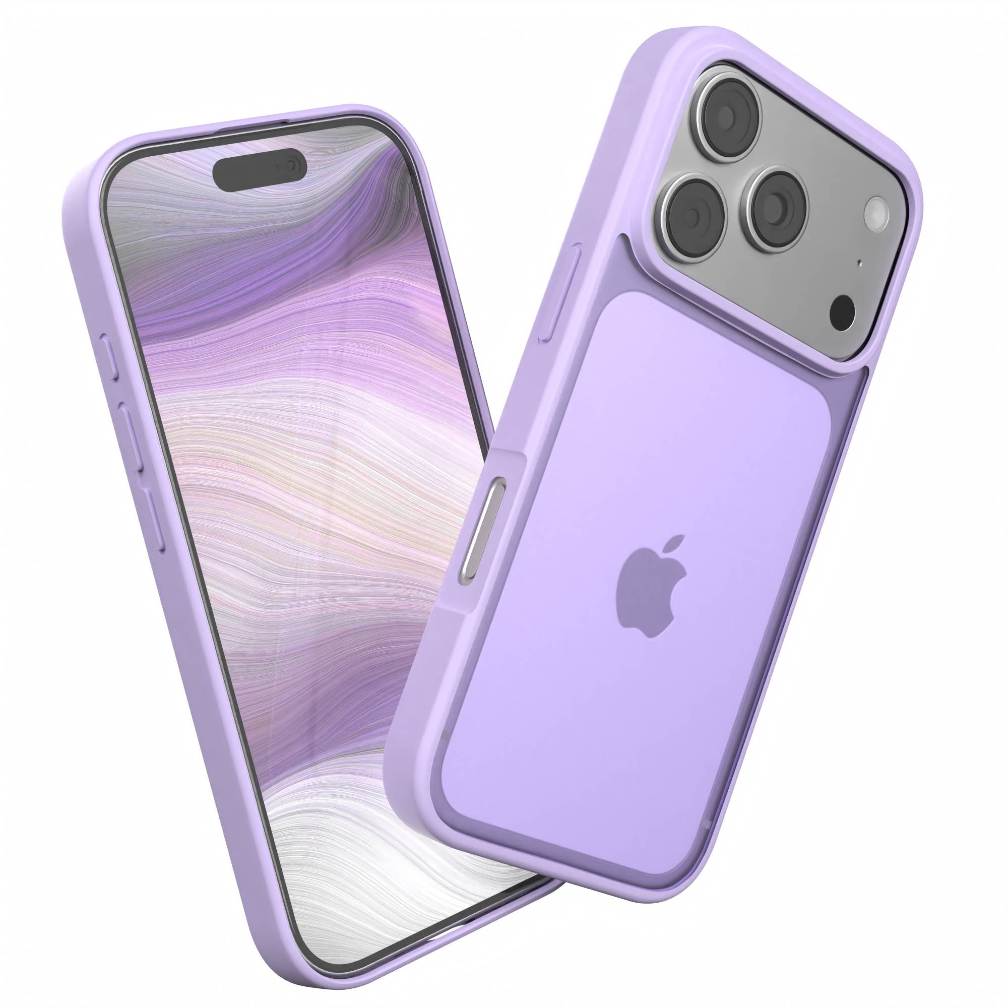 Ein lila iPhone mit passender Hülle. Das Telefon ist angewinkelt und zeigt den Bildschirm und den Kamerabereich.
