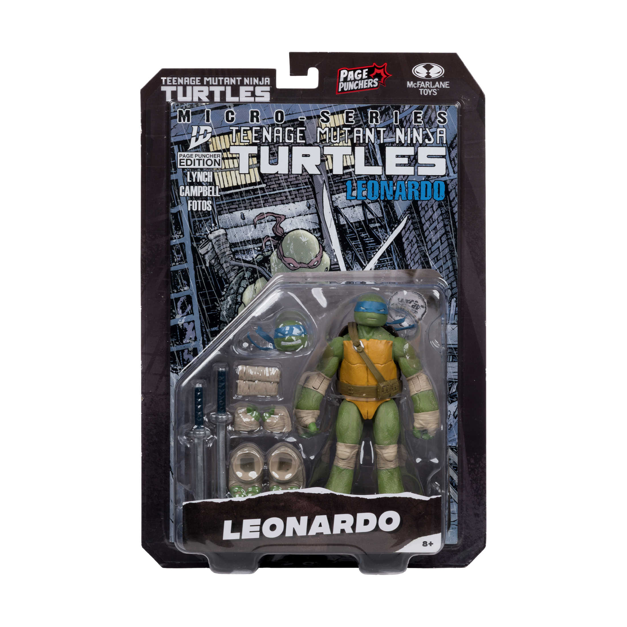 Teenage Mutant Ninja Turtles Actionfigur in Verpackung. Leonardo-Figur mit Zubehör. Hintergrund zeigt Stadtkunst.