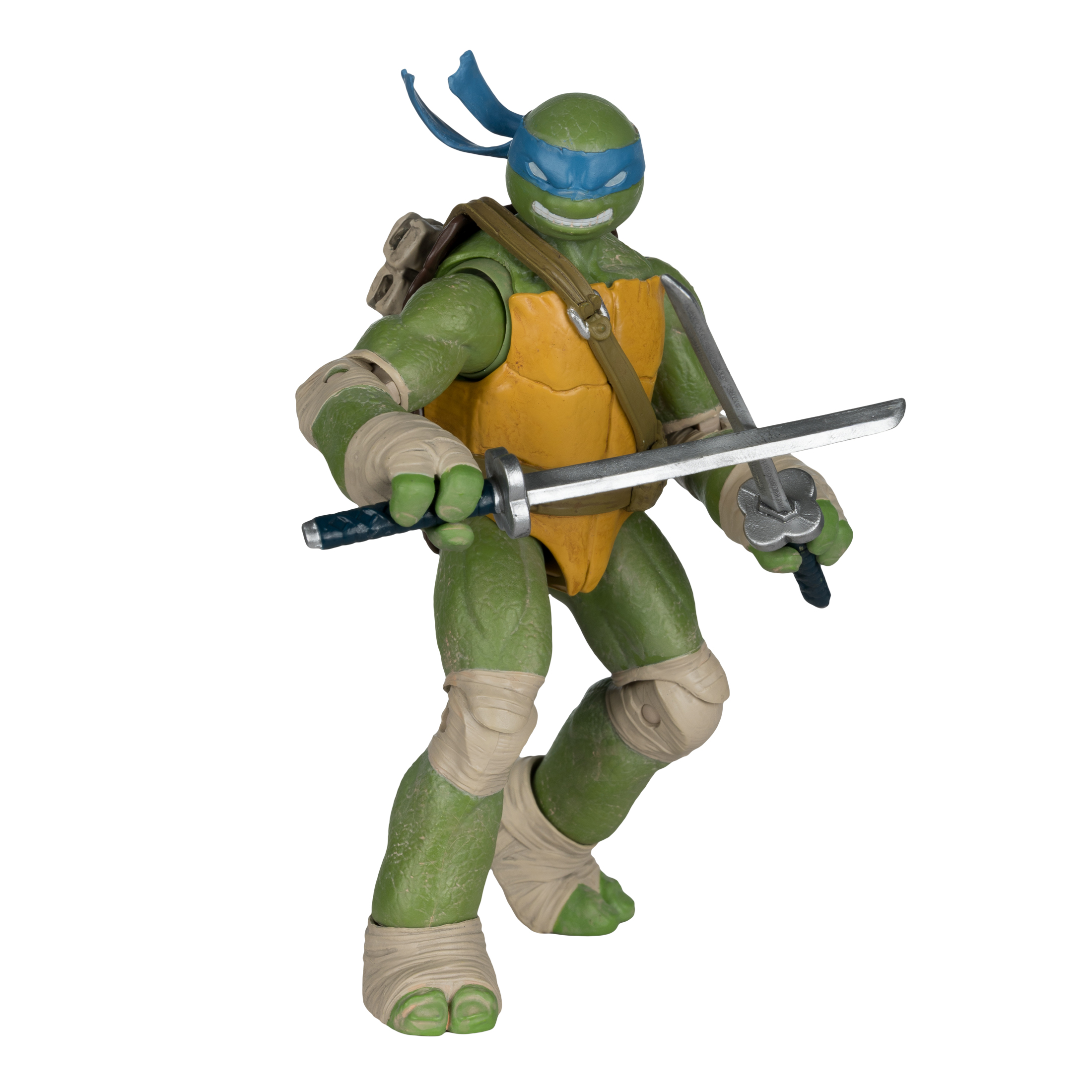 Eine Teenage Mutant Ninja Turtle-Actionfigur, Leonardo, hält zwei Schwerter auf weißem Hintergrund.