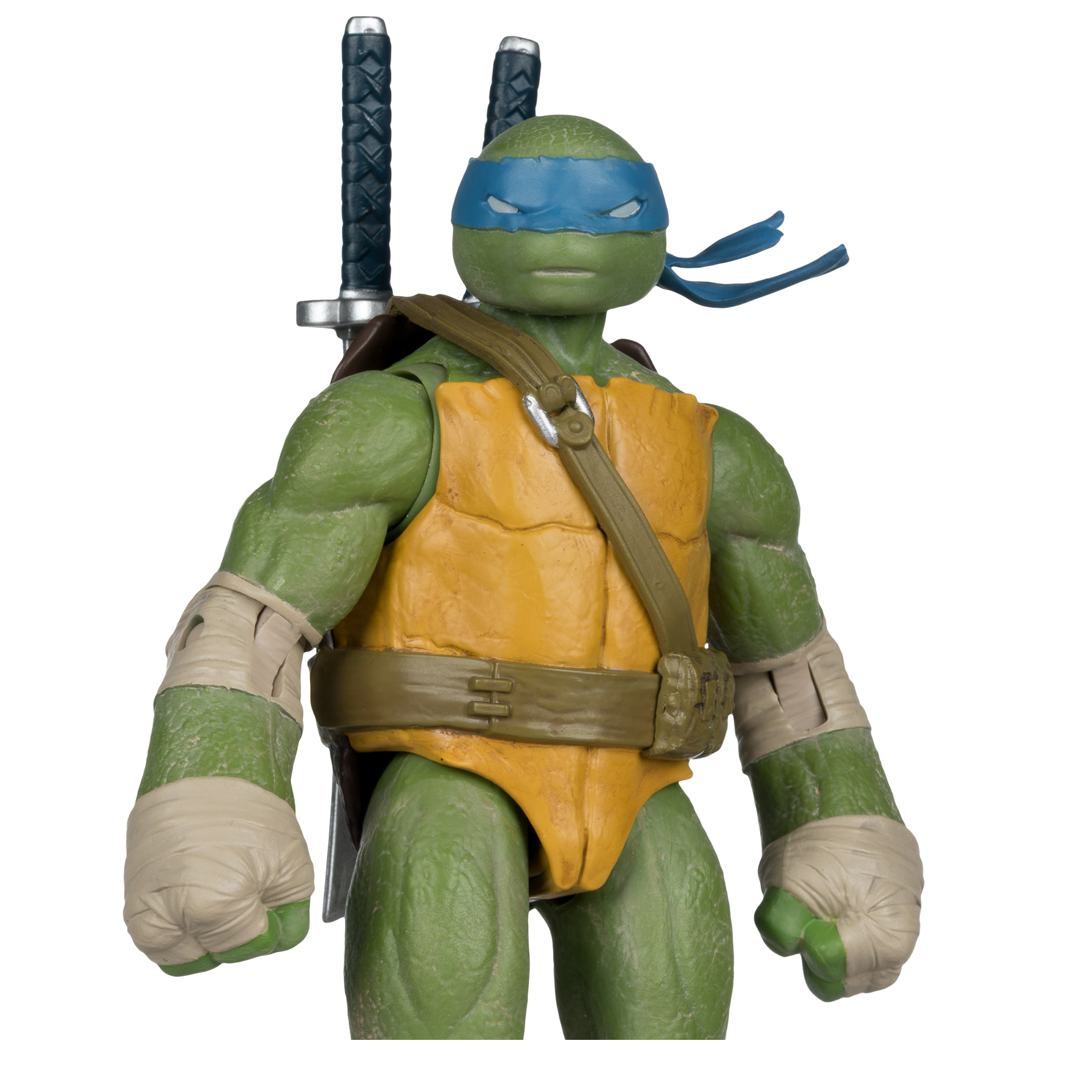 Eine Teenage Mutant Ninja Turtle-Actionfigur, Leonardo, mit blauer Maske, Schwertern auf dem Rücken und gelber Brustplatte.