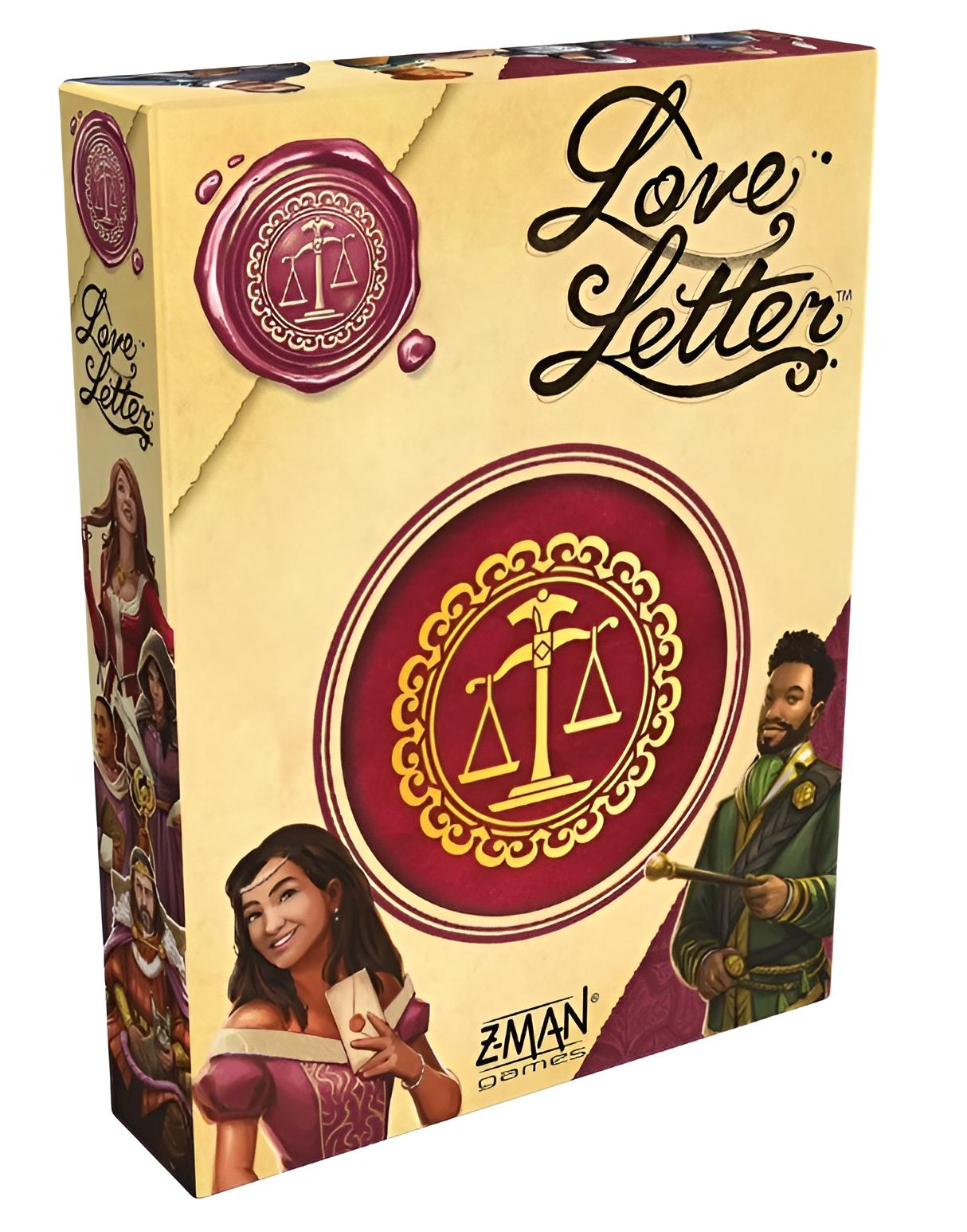 Schachtelkunst für das Spiel Love Letter. Enthält Charaktere, Siegel und Text. Enthält eine Frau, einen Mann und den Titel des Spiels.