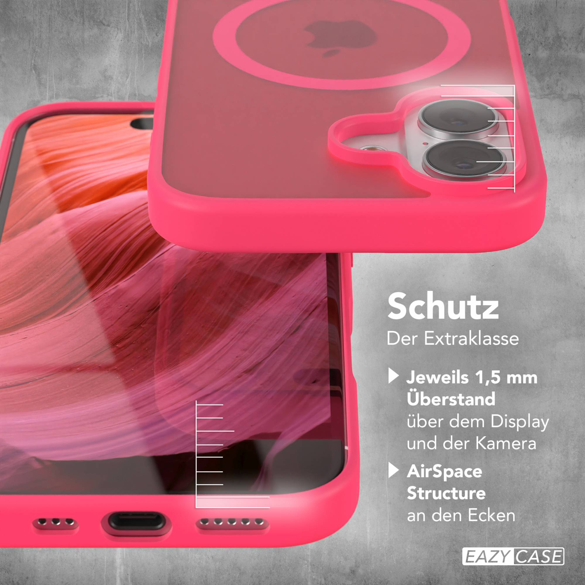 Eine pinke Handyhülle auf einem Handy. Die Hülle hat einen Kameraausschnitt und Text: Schutz, EAZY CASE.