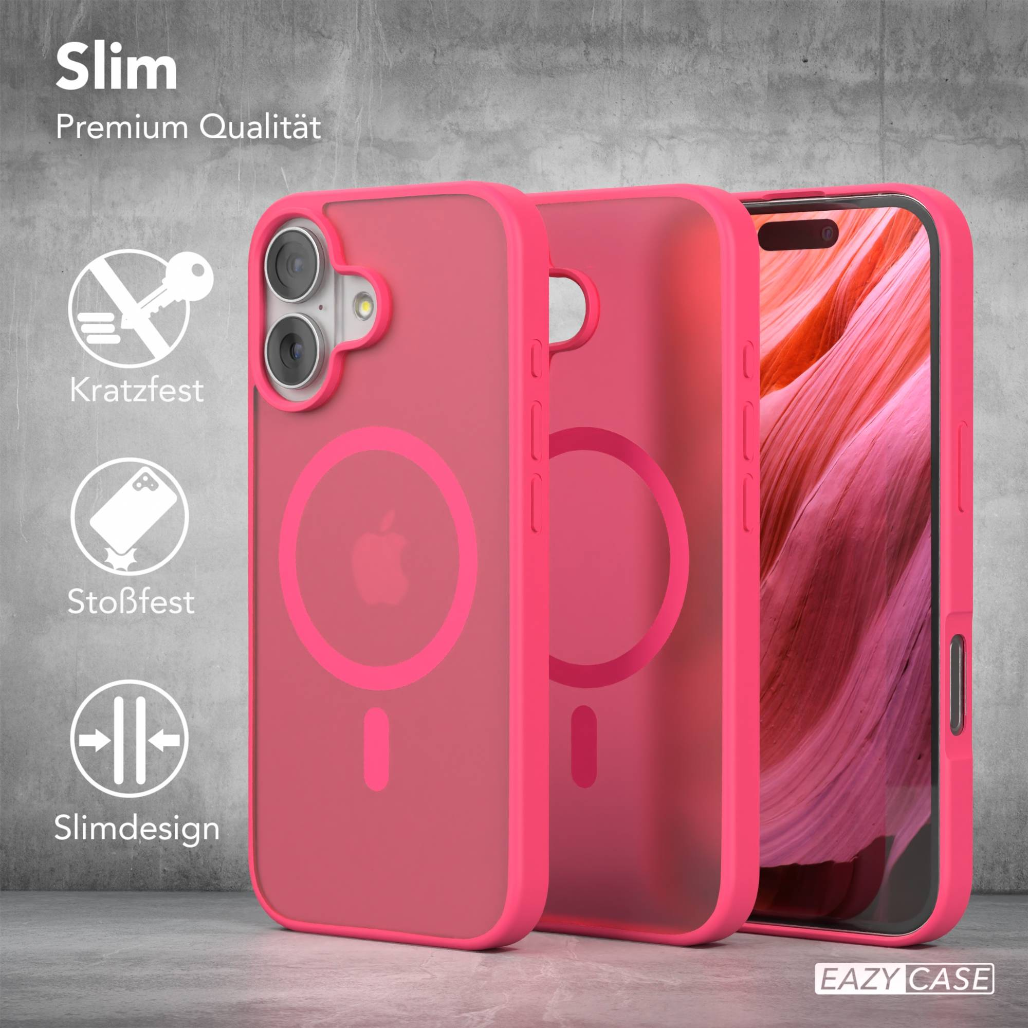 Drei pinkfarbene Handyhüllen. Eine zeigt einen Telefonbildschirm. Die Hüllen haben das Apple-Logo und sind vor grauem Hintergrund.