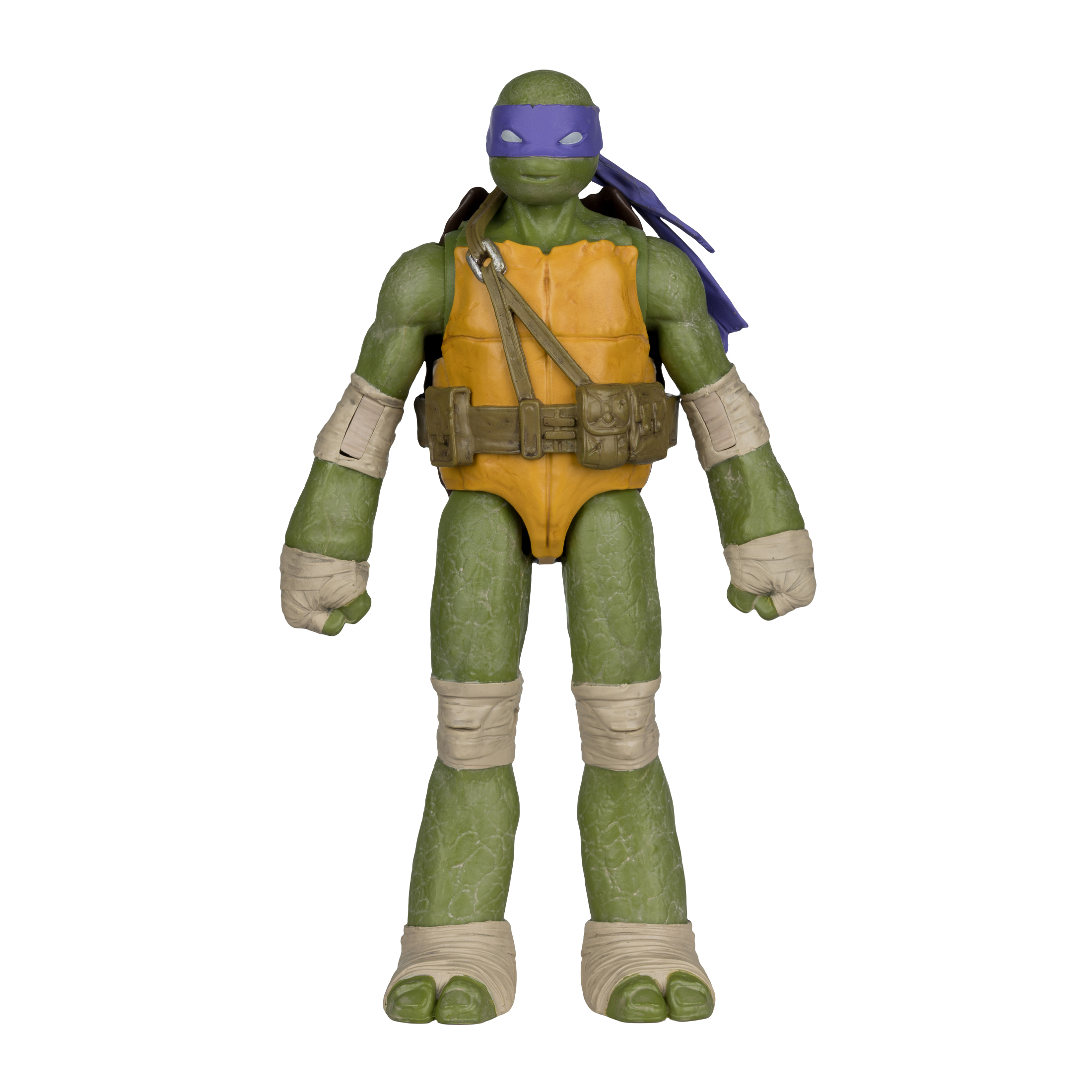 Ein Teenage Mutant Ninja Turtle-Spielzeug. Es ist grün mit einer lila Maske und gelber Brust. Es hat Bandagen an Armen und Beinen.
