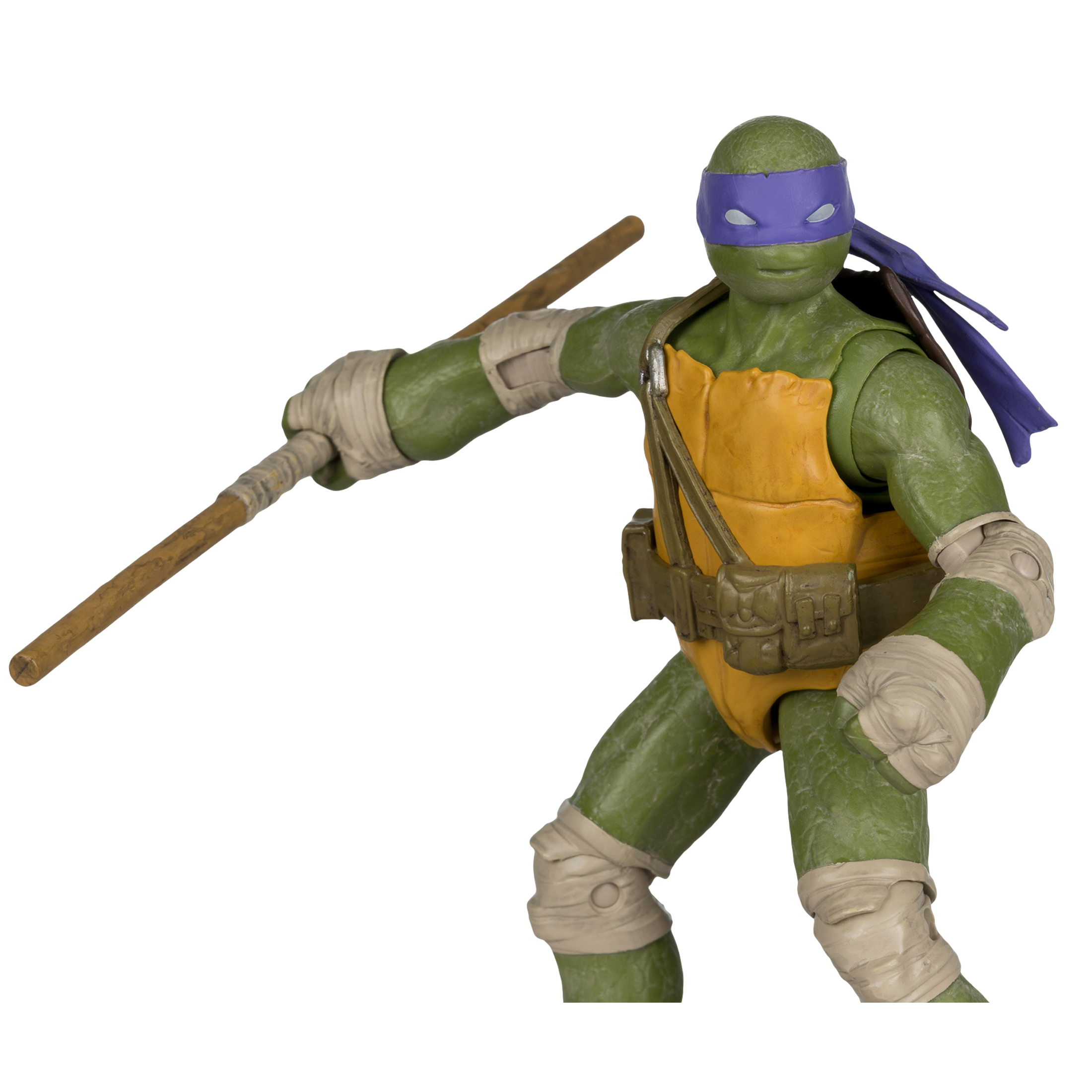 Figur von Teenage Mutant Ninja Turtle Donatello. Grünes Fell, lila Maske, hält einen Stab. Gelber Panzer und brauner Gürtel.