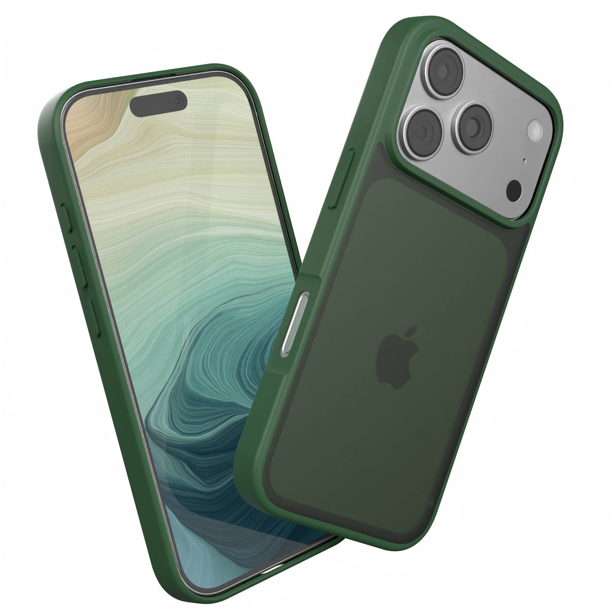Zwei grüne iPhone-Mockups, eines zeigt den Bildschirm mit einem Wellenmuster, das andere die Rückseite mit dem Apple-Logo.