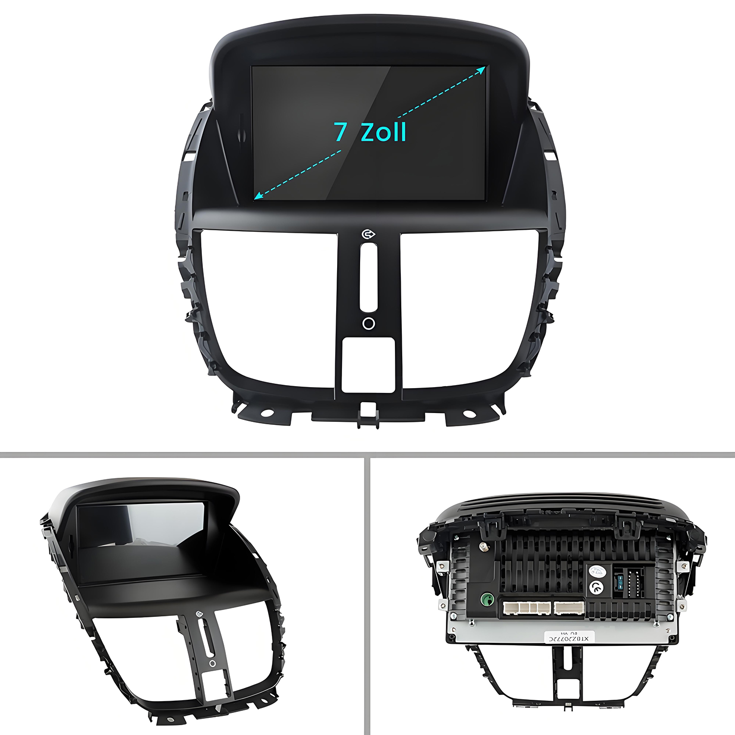 Schwarzes Autoradio mit 7-Zoll-Display. Enthält Vorder-, Seiten- und Rückansichten mit Details des Bildschirms und der internen Komponenten.