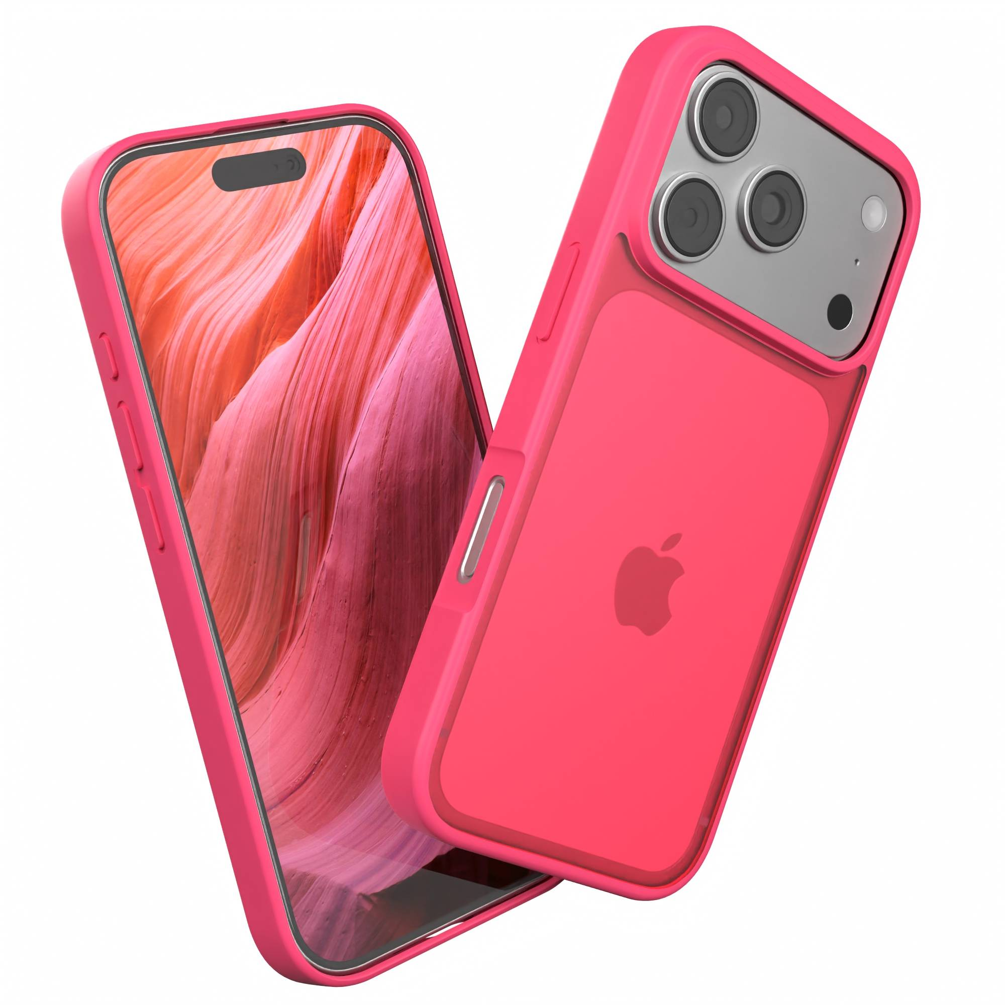 Rosa Handyhülle und Telefon. Das Telefon hat einen rosa und orangen abstrakten Hintergrund. Die Hülle hat ein Apple-Logo und Kameraausschnitte.