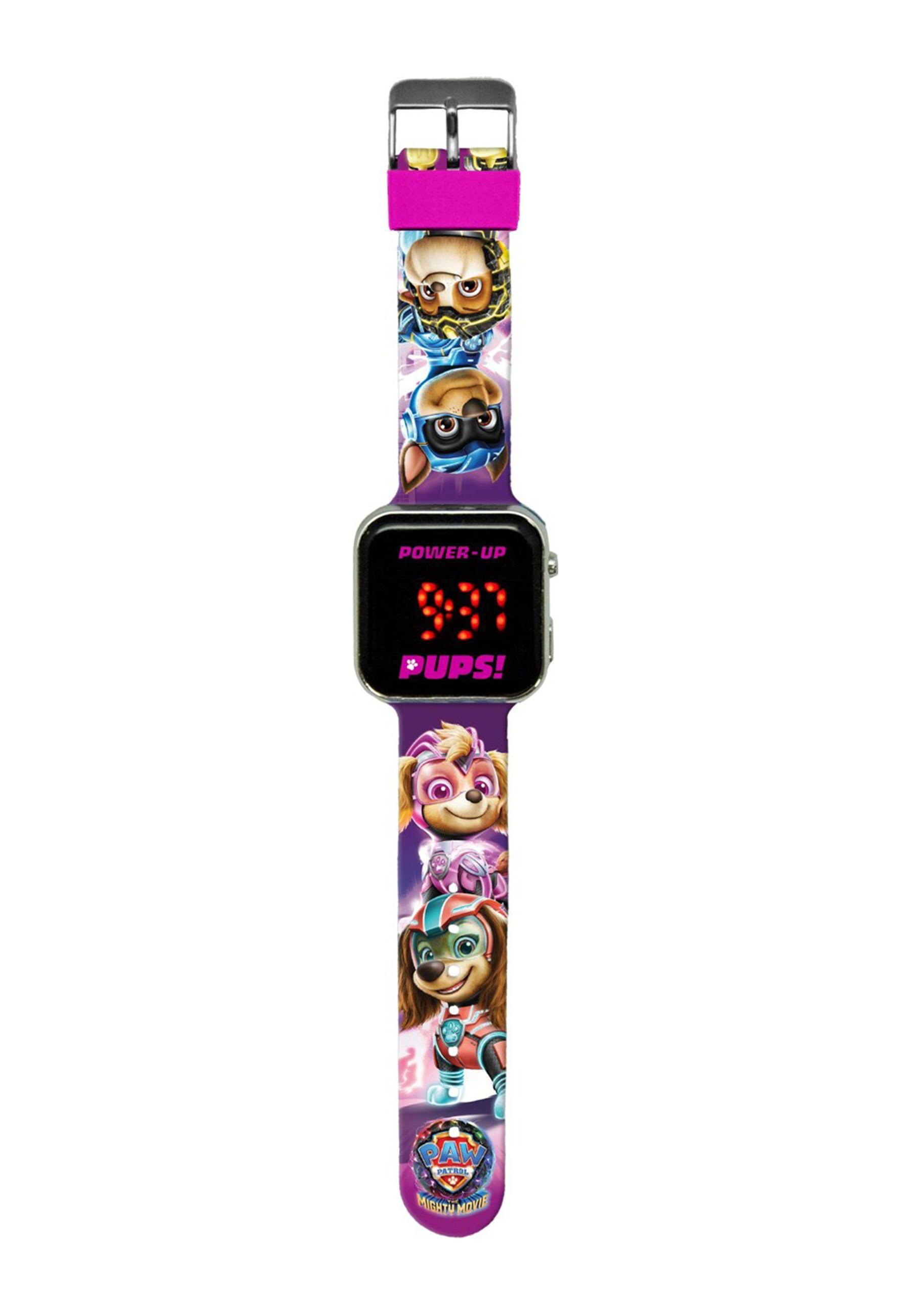 Gezeigt wird eine Paw Patrol-Uhr mit digitaler Zeitanzeige. Das Armband zeigt Paw Patrol-Charaktere. Der Hintergrund ist weiß.