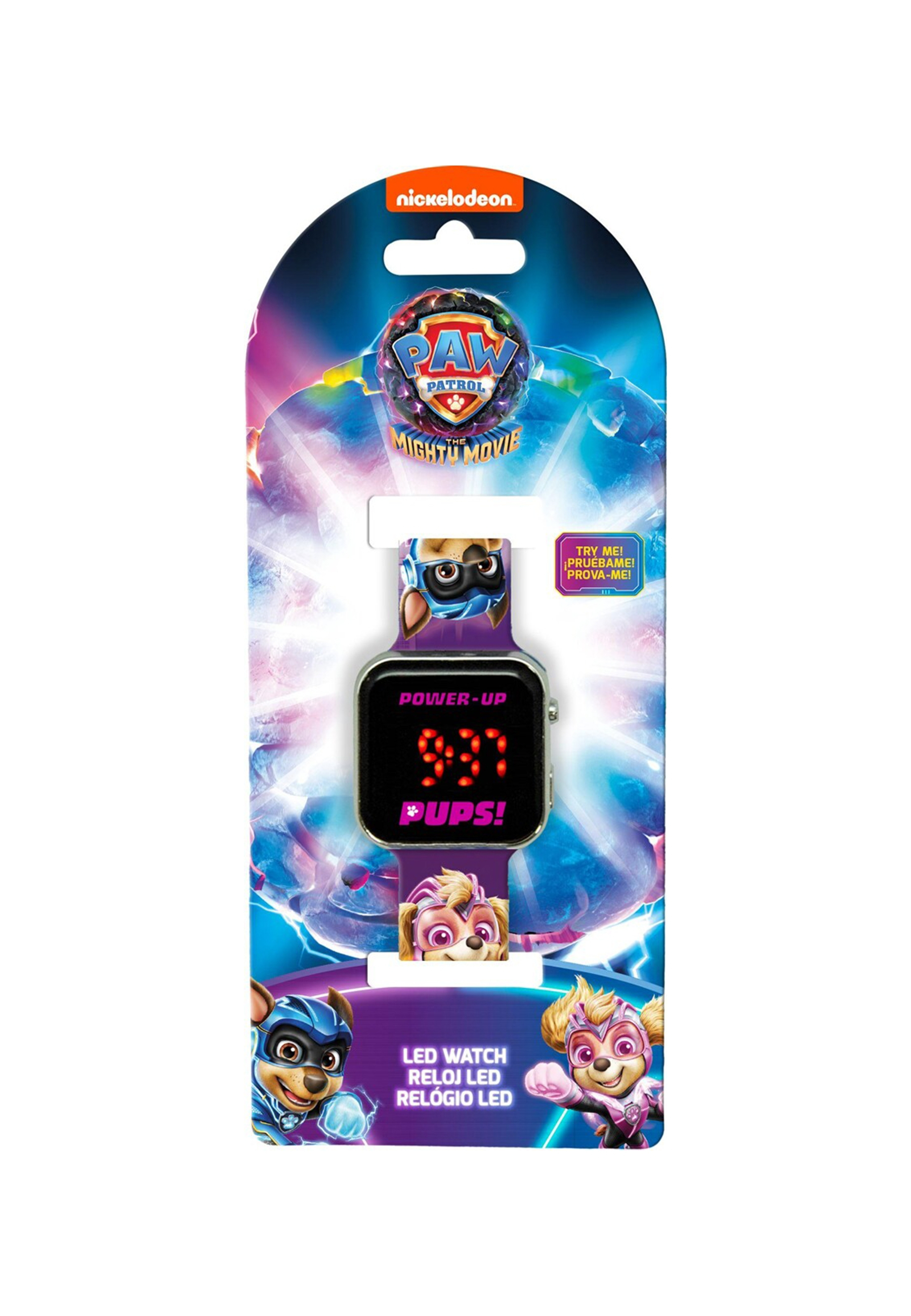 Eine Paw Patrol Mighty Movie Uhr. Die Uhr zeigt die Uhrzeit 9:37 an. Sie hat ein lila Armband und ist verpackt.