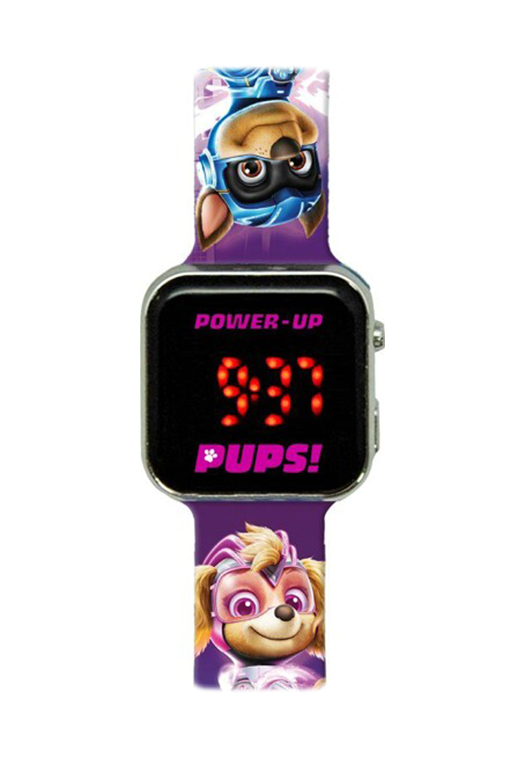Eine lila PAW Patrol-Uhr zeigt 9:37. Sie hat Bilder von Chase und Skye auf dem Band.
