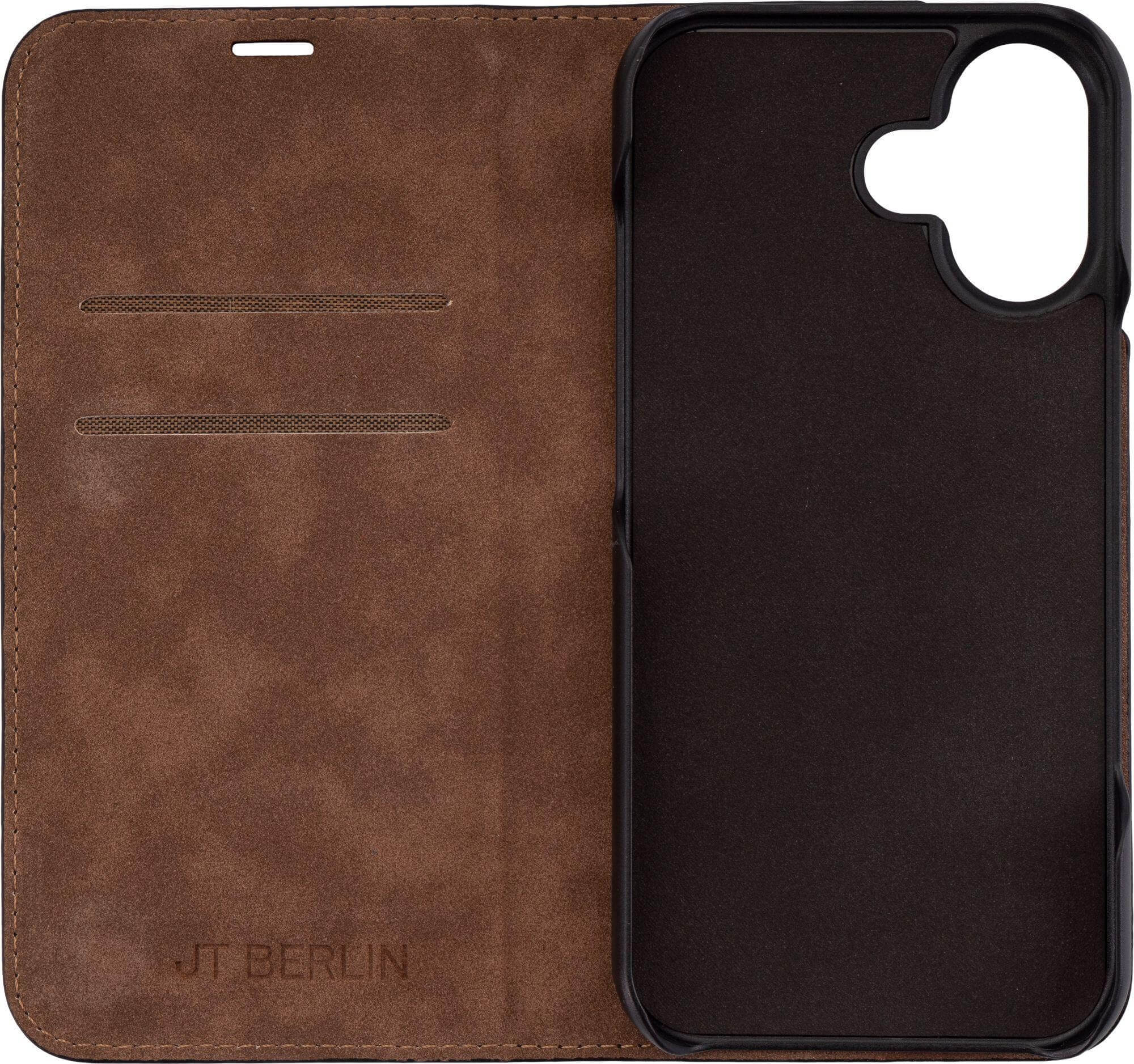 Eine braune Leder-Handyhülle ist offen. Die rechte Seite ist schwarz und für die Telefonplatzierung bestimmt.