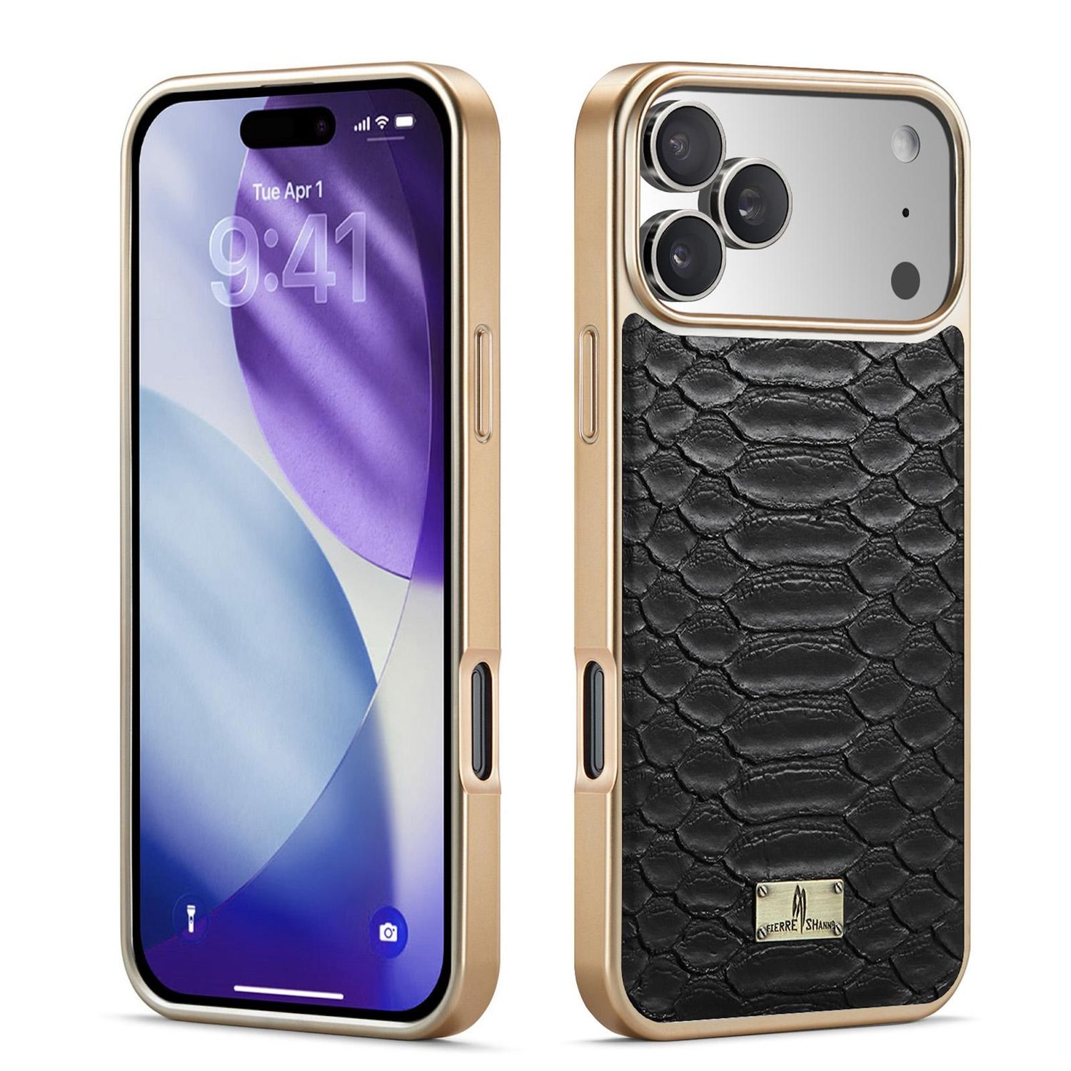 Zwei Telefone nebeneinander. Eines zeigt einen Sperrbildschirm, das andere ein schwarzes Schlangenmuster. Beide haben einen goldenen Rahmen.