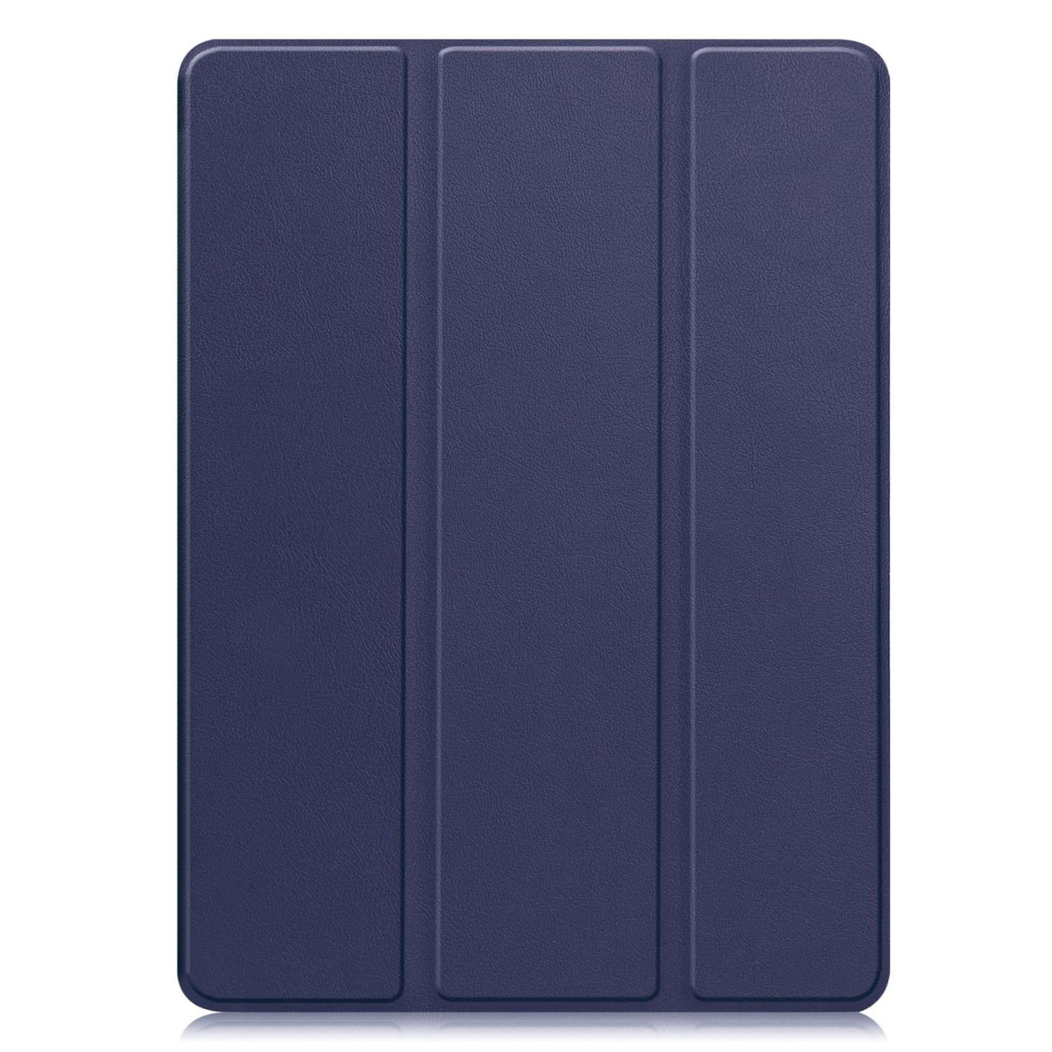 Una funda de tableta azul marino. Tiene tres paneles y una superficie texturizada. La funda está cerrada y refleja la luz.