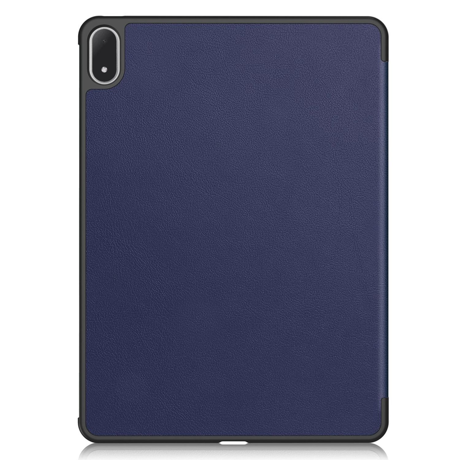 Una funda para tableta, azul marino con borde negro. Cuenta con un orificio para la cámara en la parte superior. Superficie texturizada.