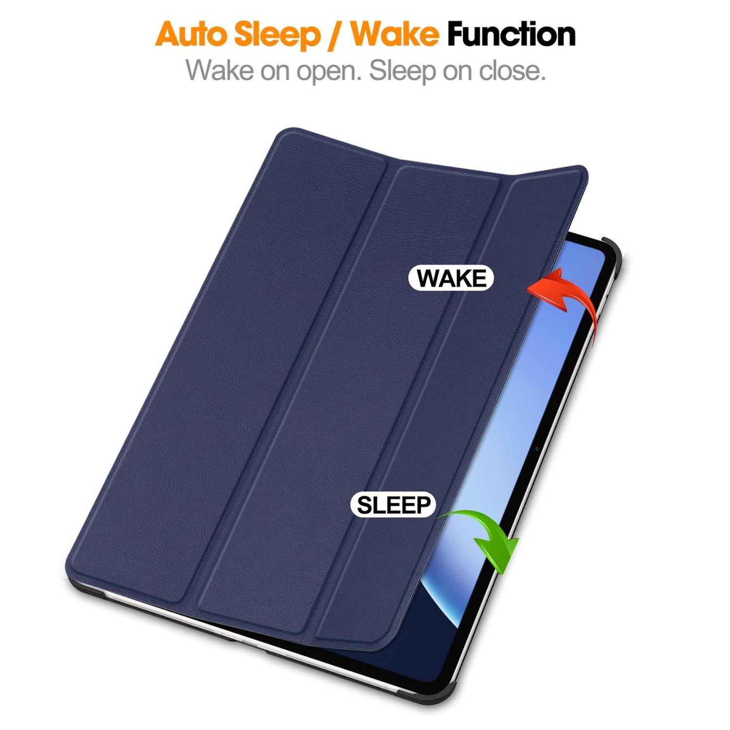 Una tableta en una funda azul oscuro, parcialmente abierta. El texto indica la función de suspensión/activación automática. Las flechas muestran abrir para activar y cerrar para dormir.