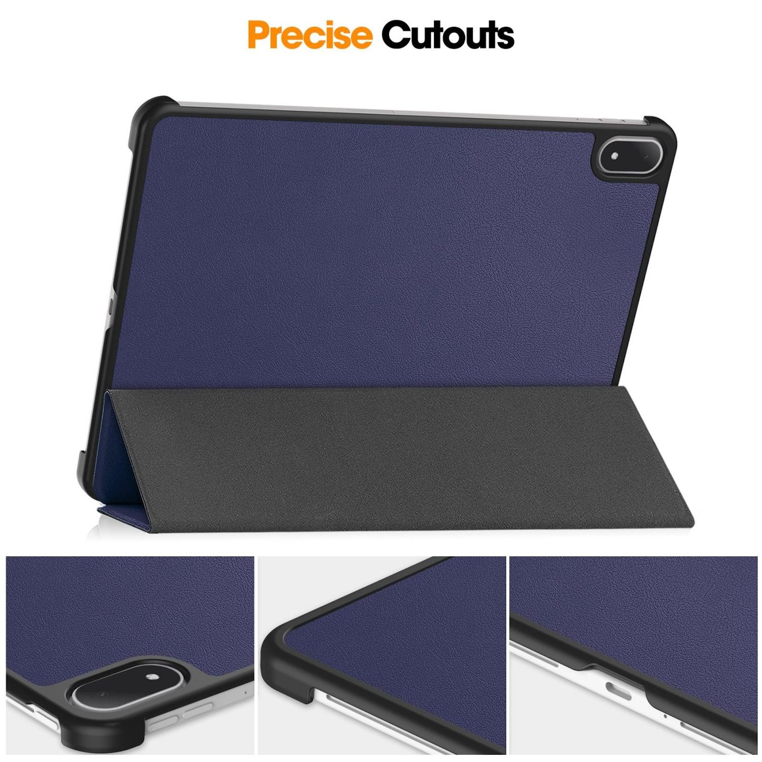 Se muestra una tableta en una funda azul oscuro. La funda tiene una cubierta plegable. Las palabras "Precise Cutouts" son naranjas.