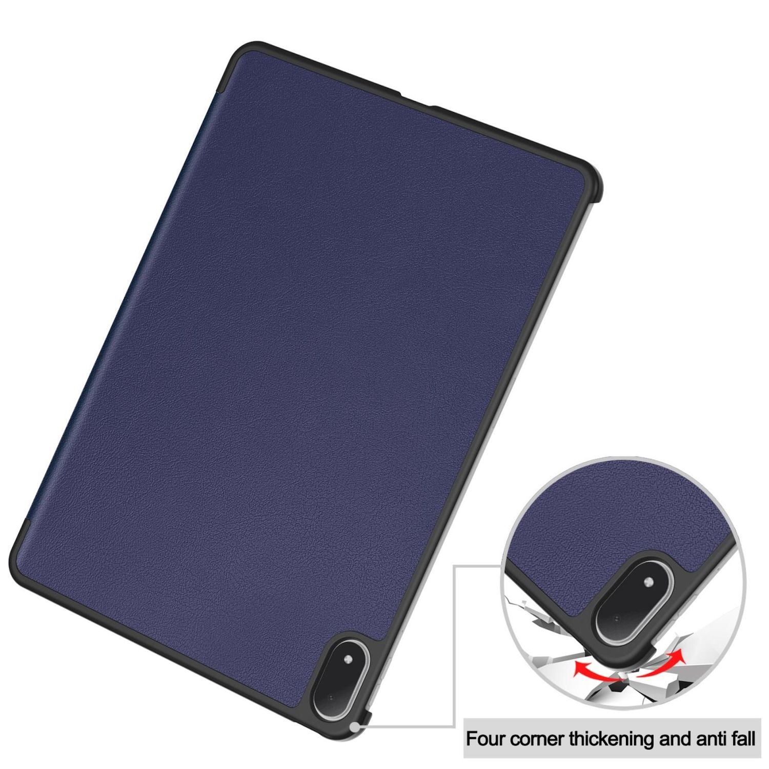 Funda para tableta con textura de cuero azul. Marco negro, esquinas redondeadas. Gráfico muestra protección contra caídas.