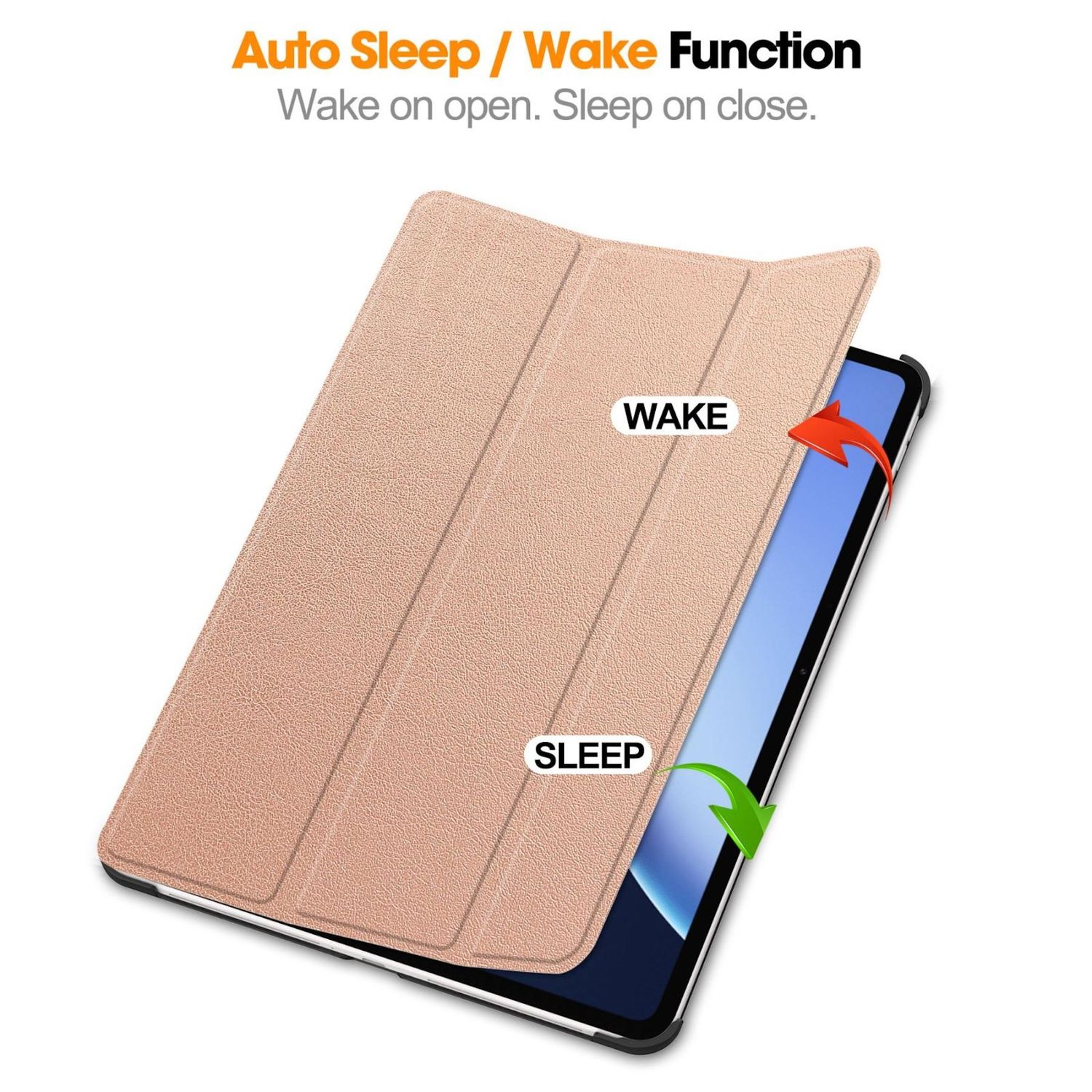 Una custodia per tablet, parzialmente aperta, con etichette "WAKE" e "SLEEP". Frecce indicano le azioni di apertura e chiusura.