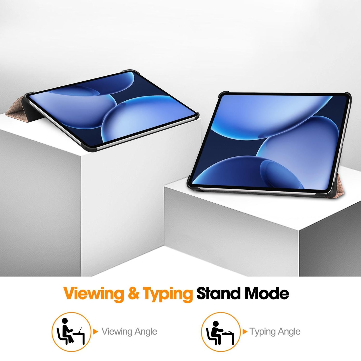 Due tablet su blocchi bianchi, uno inclinato. Testo sotto mostra 'Viewing & Typing Stand Mode' e icone, con angoli di visione e digitazione.