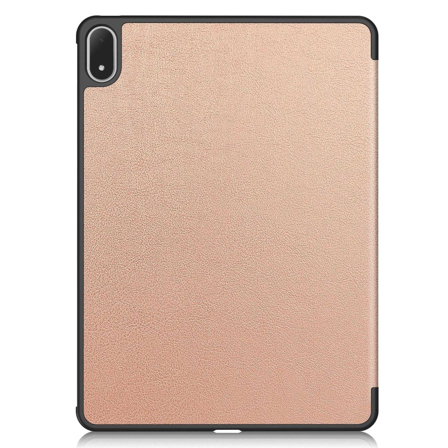 Una custodia per tablet, color pesca con superficie strutturata, racchiusa in una cornice nera. In alto a sinistra c'è una fotocamera.