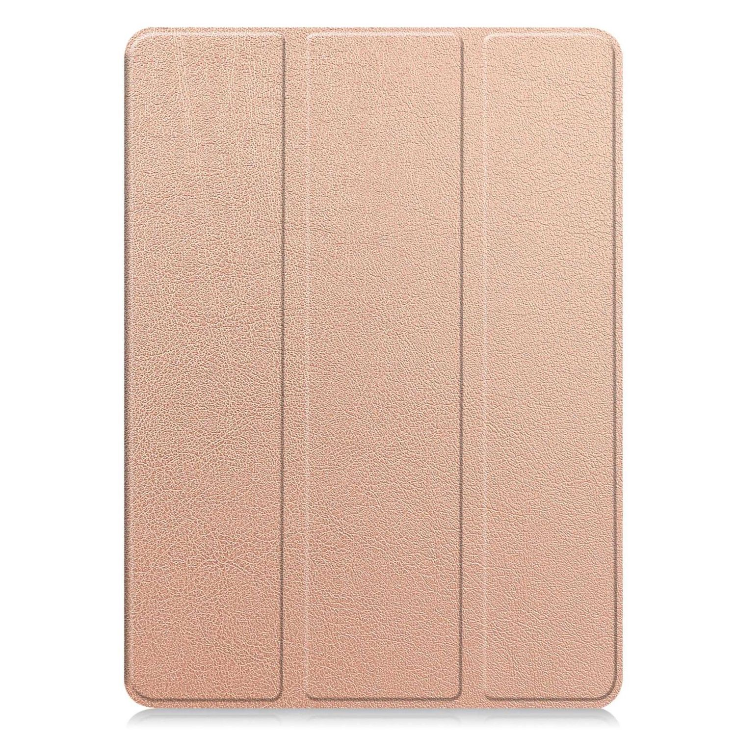 Una custodia per tablet color oro rosa, piegata in tre sezioni. La superficie ha una finitura strutturata, con motivi sottili. La custodia è su sfondo bianco.