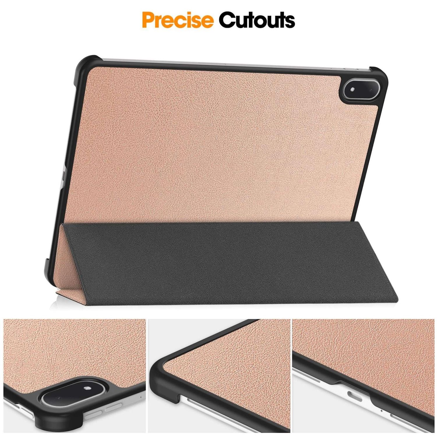 Custodia per tablet con superficie rosa strutturata. La custodia è aperta, rivelando l'interno. La custodia è nera.