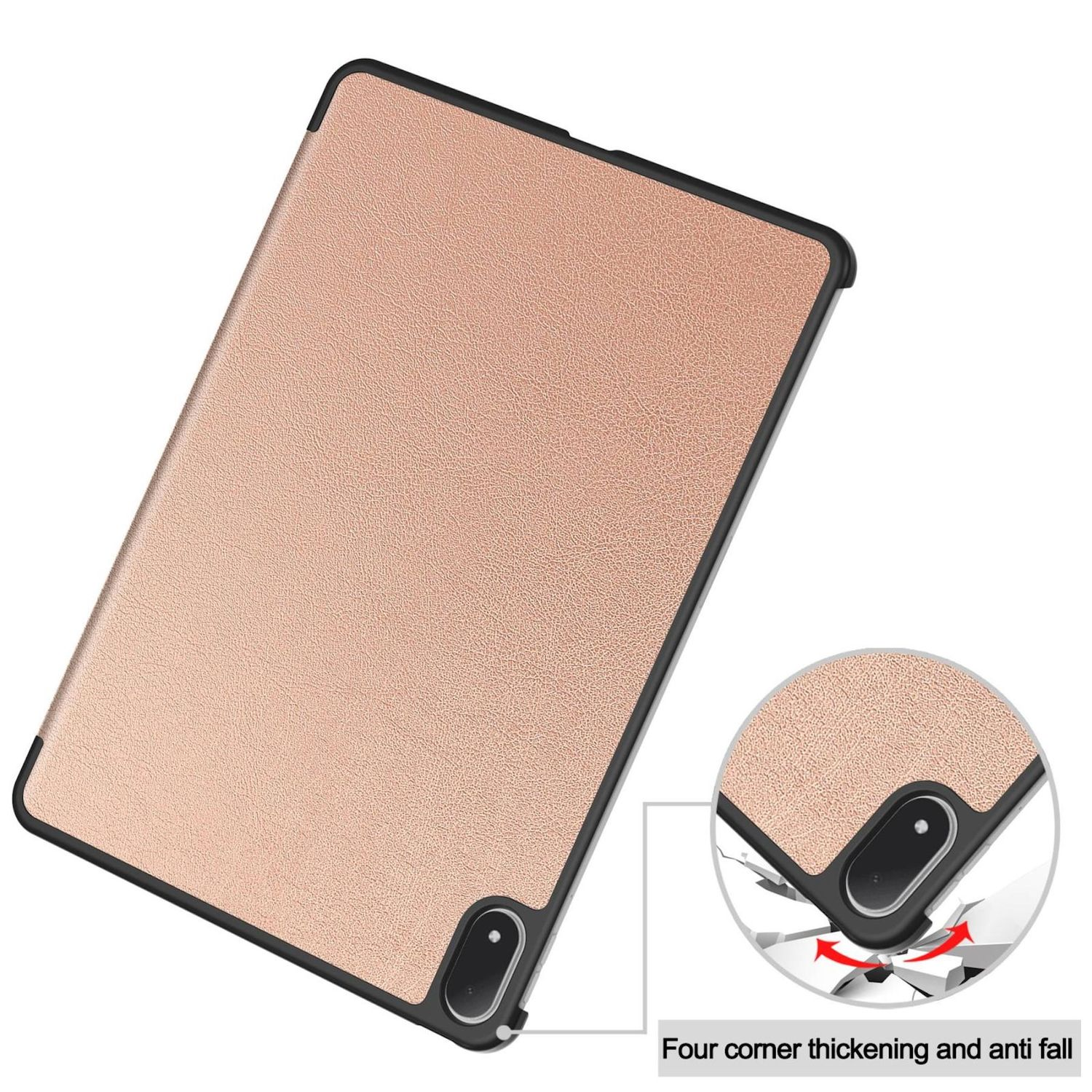 Custodia per tablet in oro rosa con cornice nera. Ha un dettaglio angolare che mostra la resistenza agli urti. Testo: Ispessimento angolare e anti-caduta.