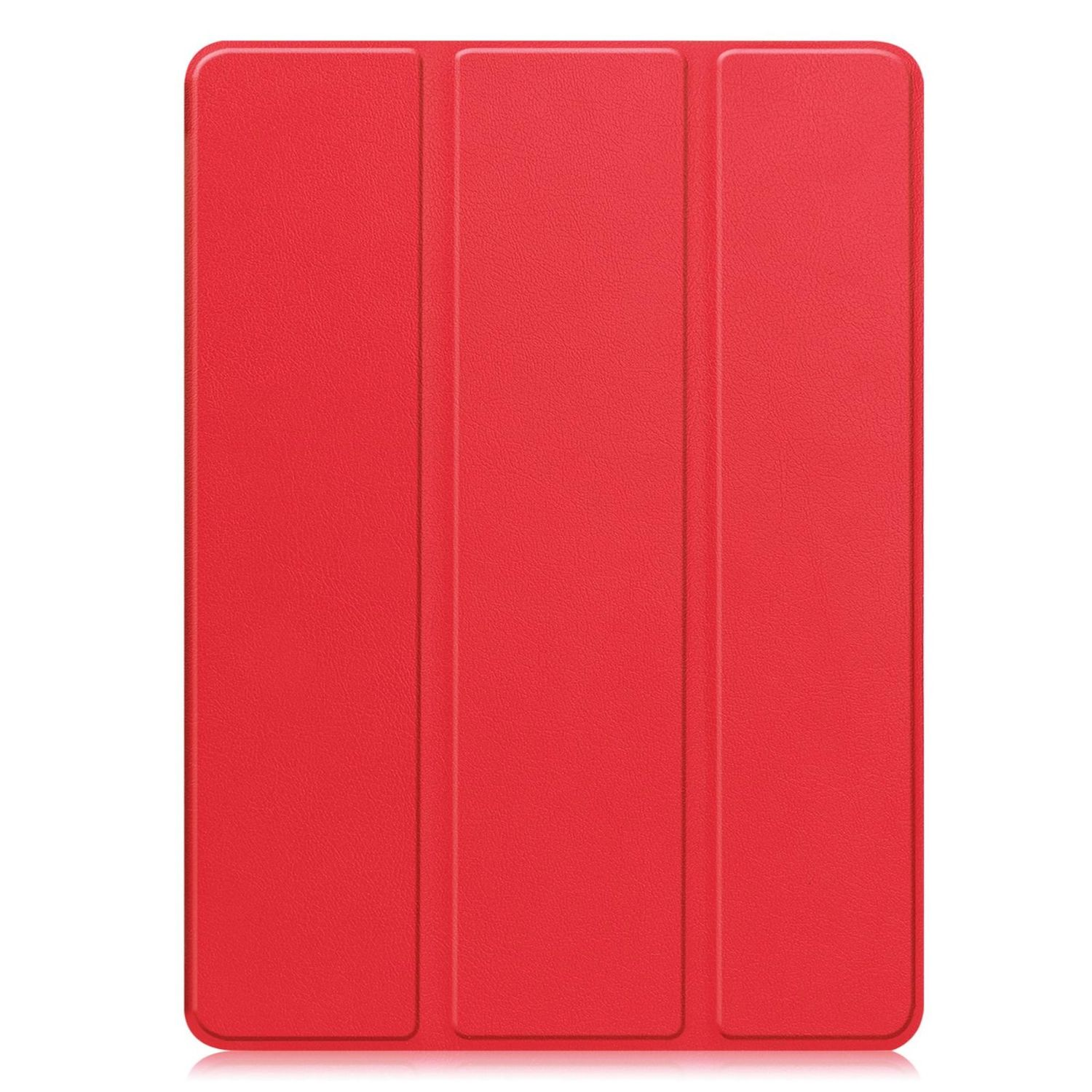 Viene mostrata una cover per tablet rossa. È rettangolare con tre pannelli. La superficie ha una trama sottile e un riflesso lucido in basso.