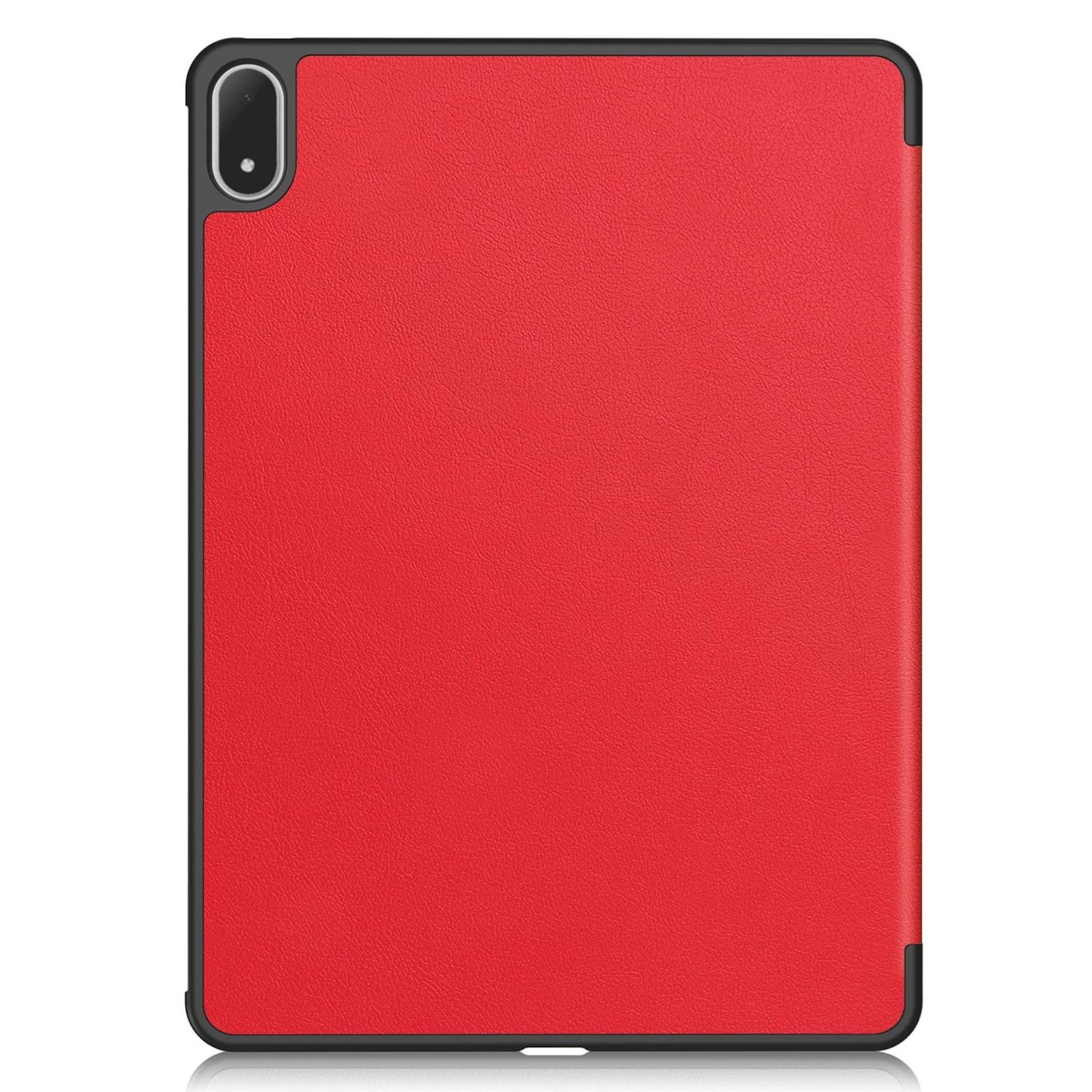 Un tablet rosso con cornice nera e obiettivo in alto. La custodia ha una superficie strutturata che riflette la luce.