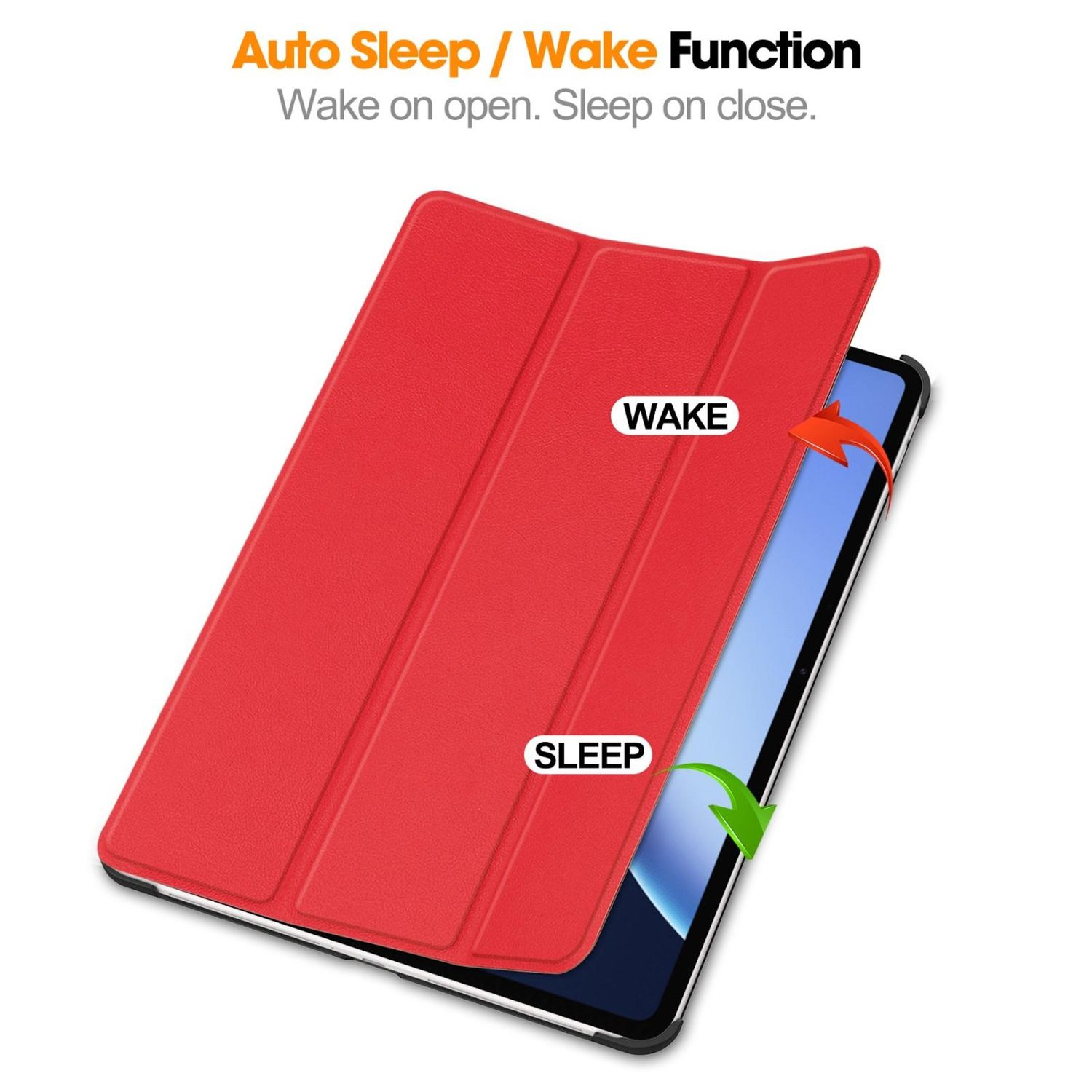 Una custodia rossa per tablet con etichette 'Wake' e 'Sleep', una copertura aperta e uno schermo del tablet.