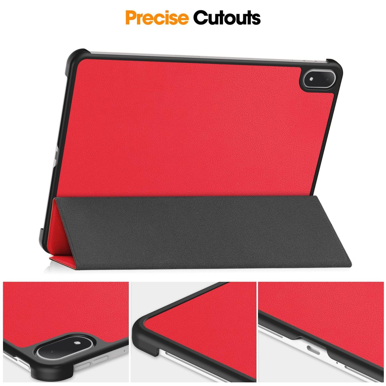 Un tablet rosso all'interno di una custodia nera, angolato per la visione. La custodia è aperta, mostrando lo schermo rosso e la copertura nera.