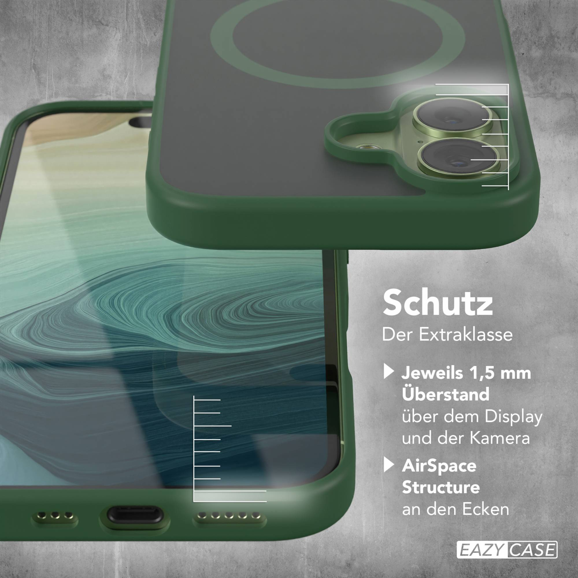 Grüne Handyhülle mit Kreis auf der Rückseite. Sie bedeckt teilweise ein Telefon. Weißer Text auf grauem Hintergrund.
