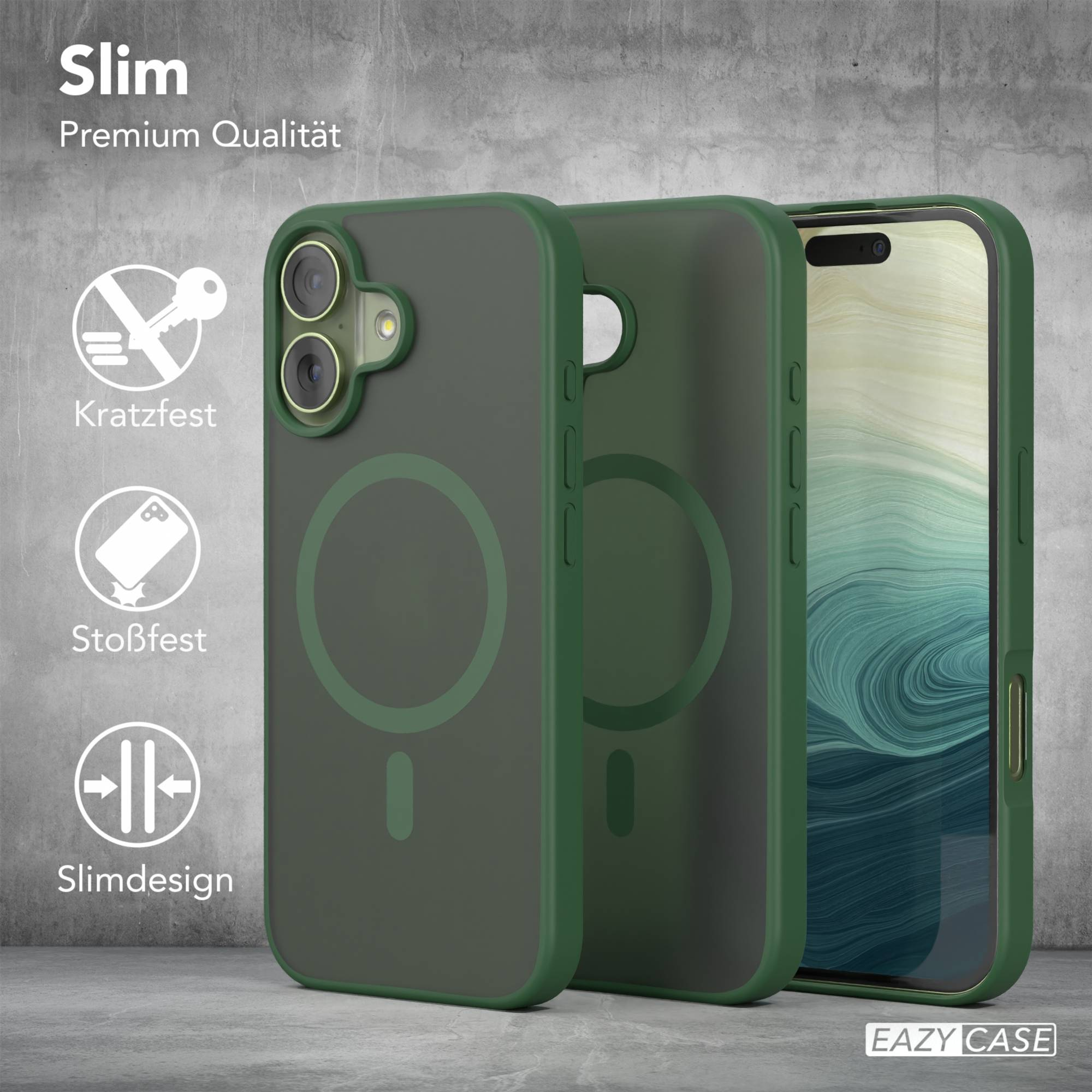 Drei grüne Handyhüllen. Eine mit Telefon im Inneren. Text: Slim, Premium Qualität, Kratzfest, Stoßfest, Slimdesign. EAZY CASE Logo.