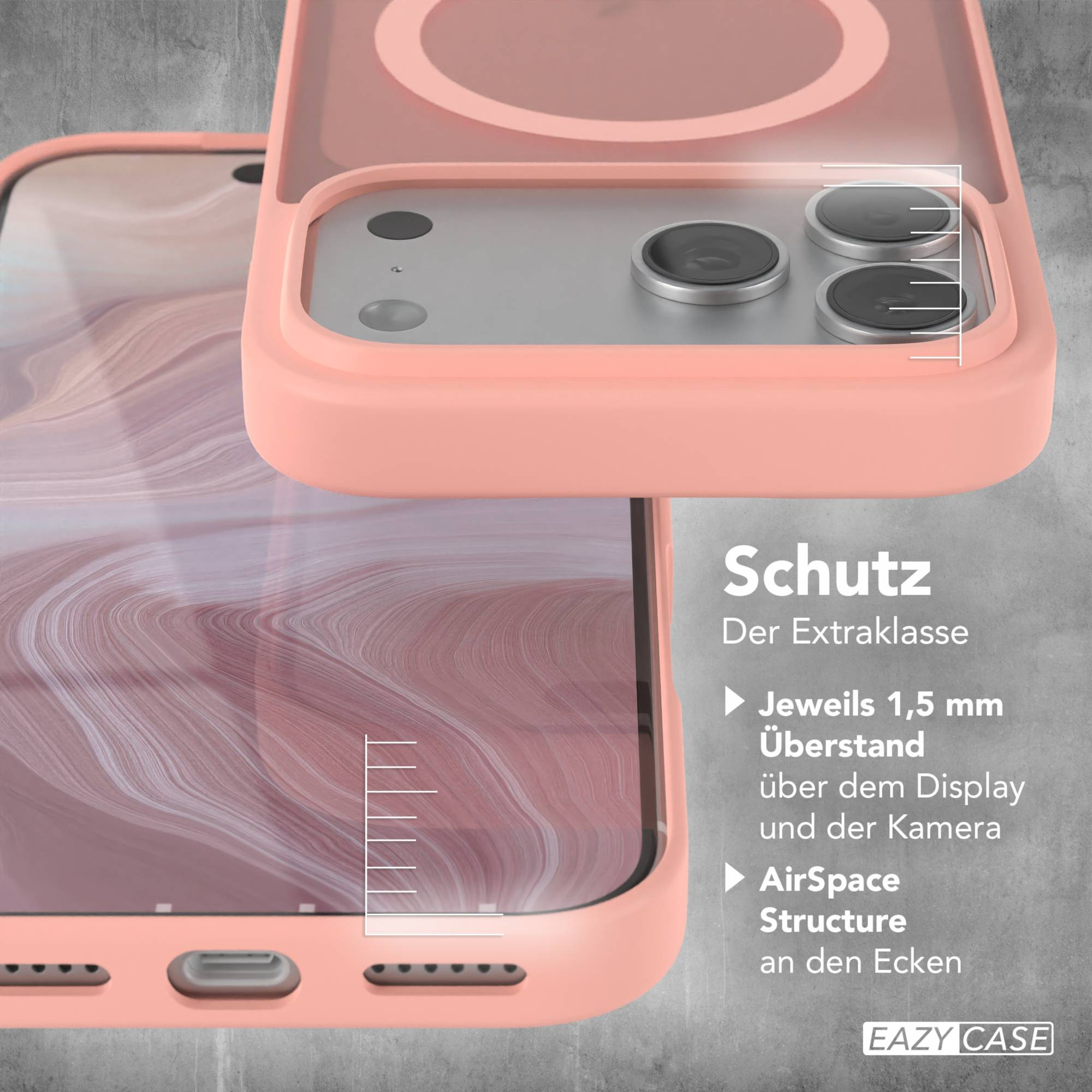 Eine Handyhülle wird vor grauem Hintergrund gezeigt. Sie ist rosa und hat das Telefon darin, das Kamera und Bildschirm zeigt.